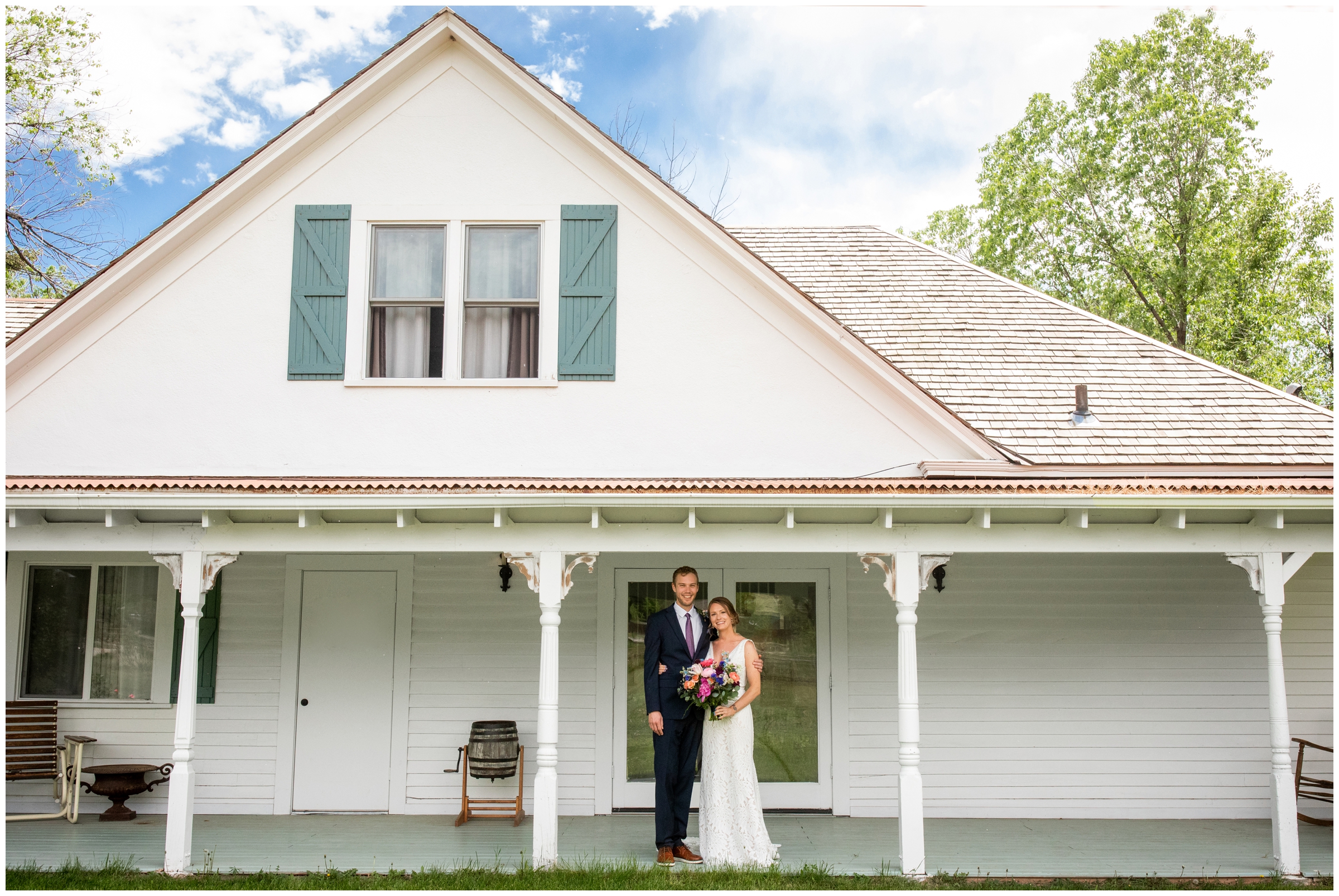 couple posing on cottage porch during Rist Canyon Inn wedding photos by Plum Pretty Photography 