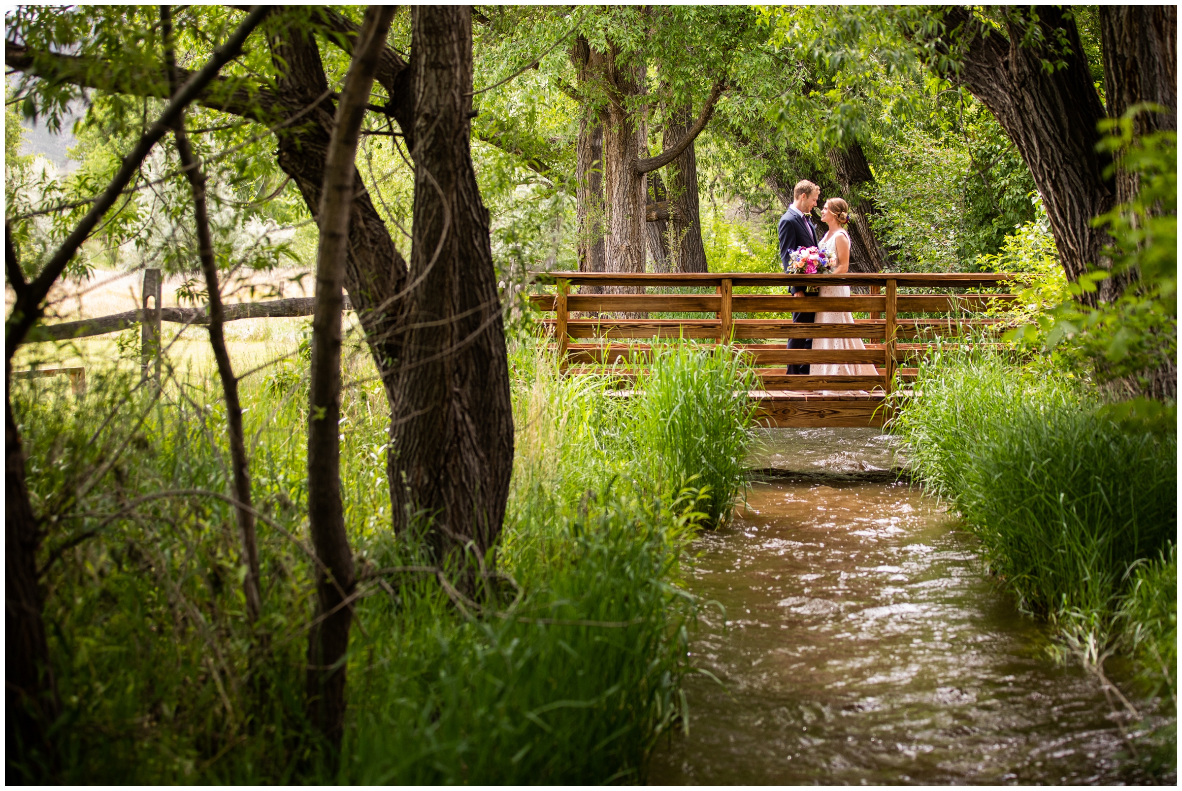 couple posing on a bridge during Colorado river wedding pictures in Fort Collins 