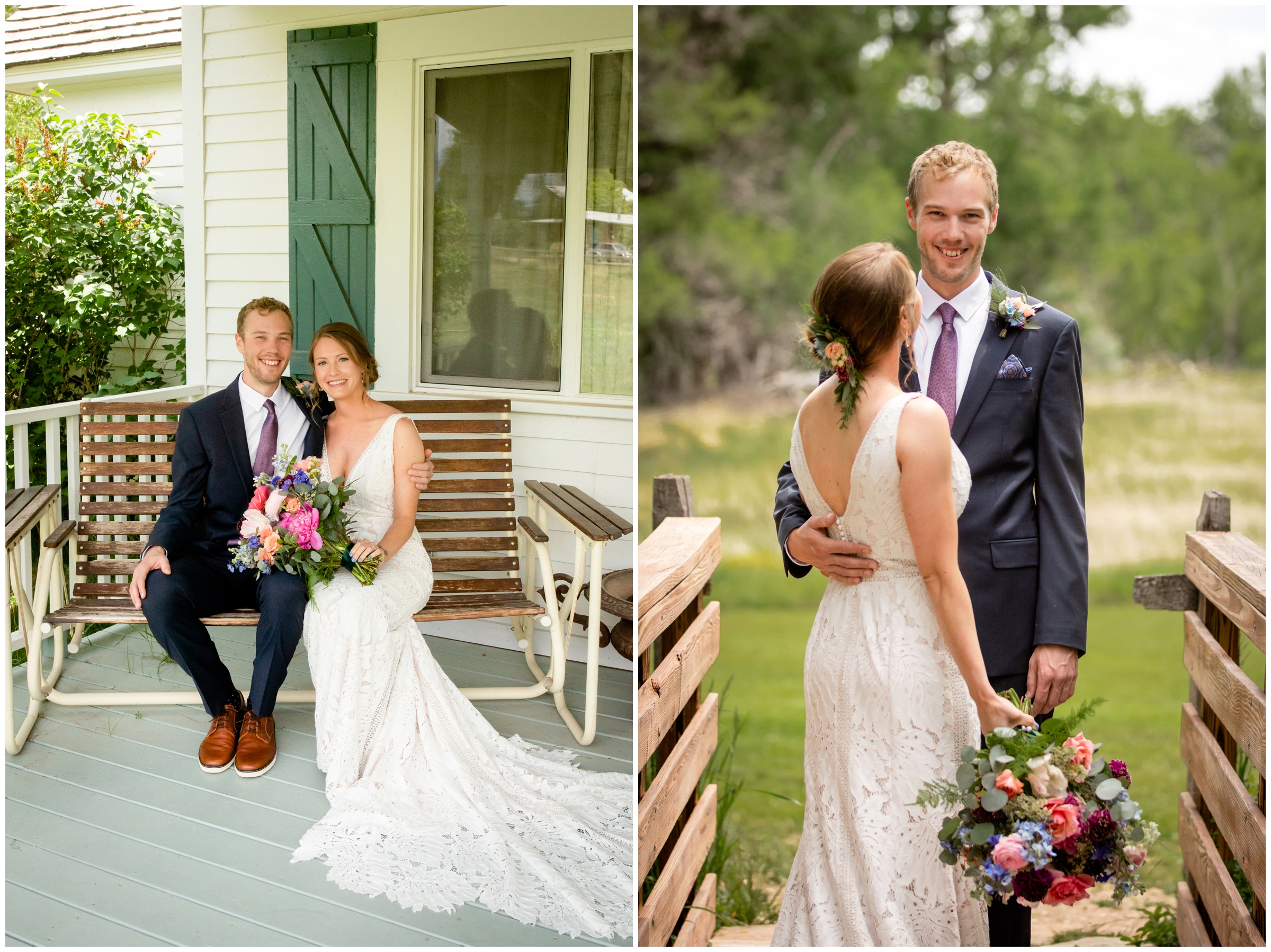 couple posing on wooden bench at Rist Canyon Inn during summer wedding in Fort Collins 