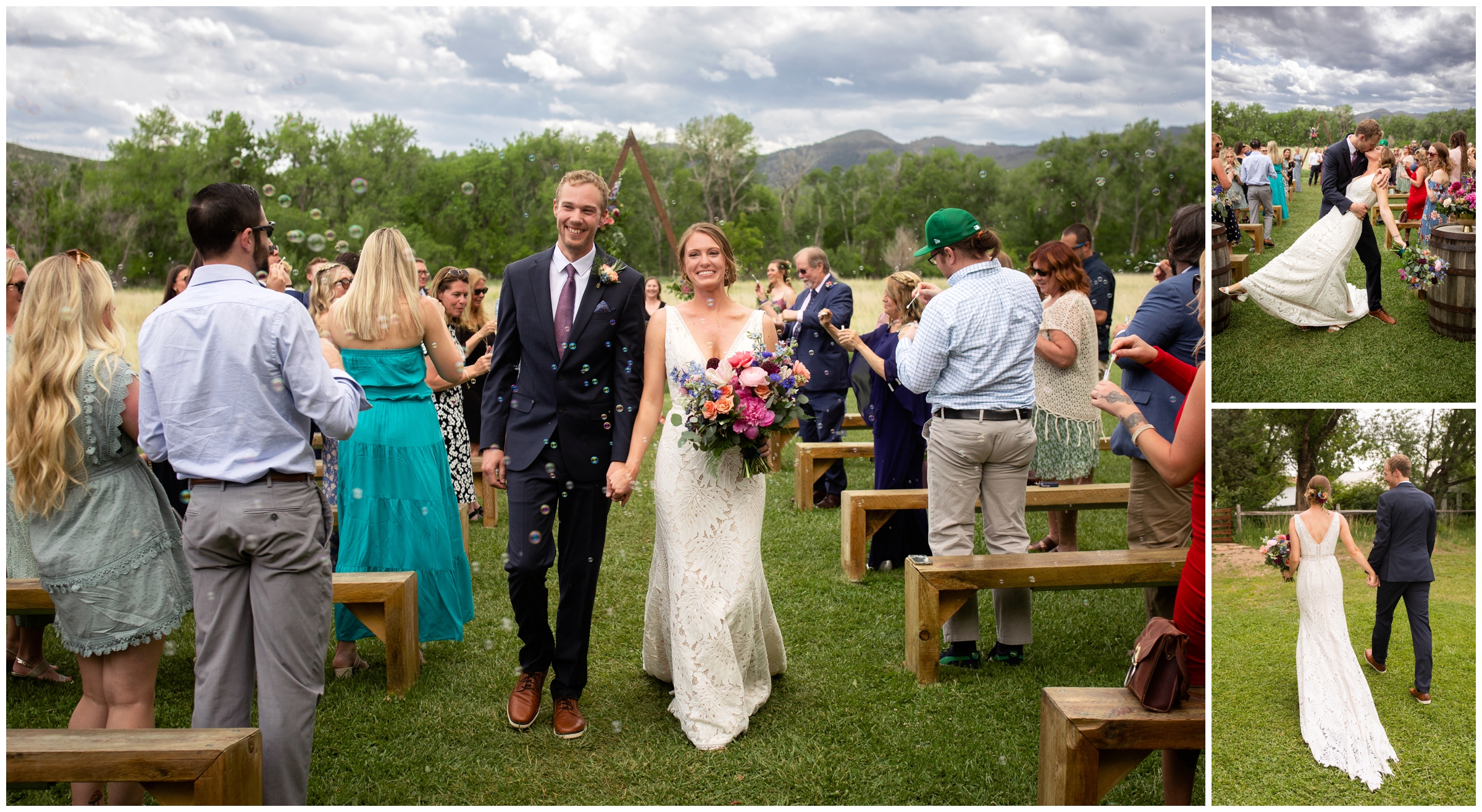 groom dipping bride at the end of the aisle after outdoor wedding ceremony at Rist Canyon Inn
