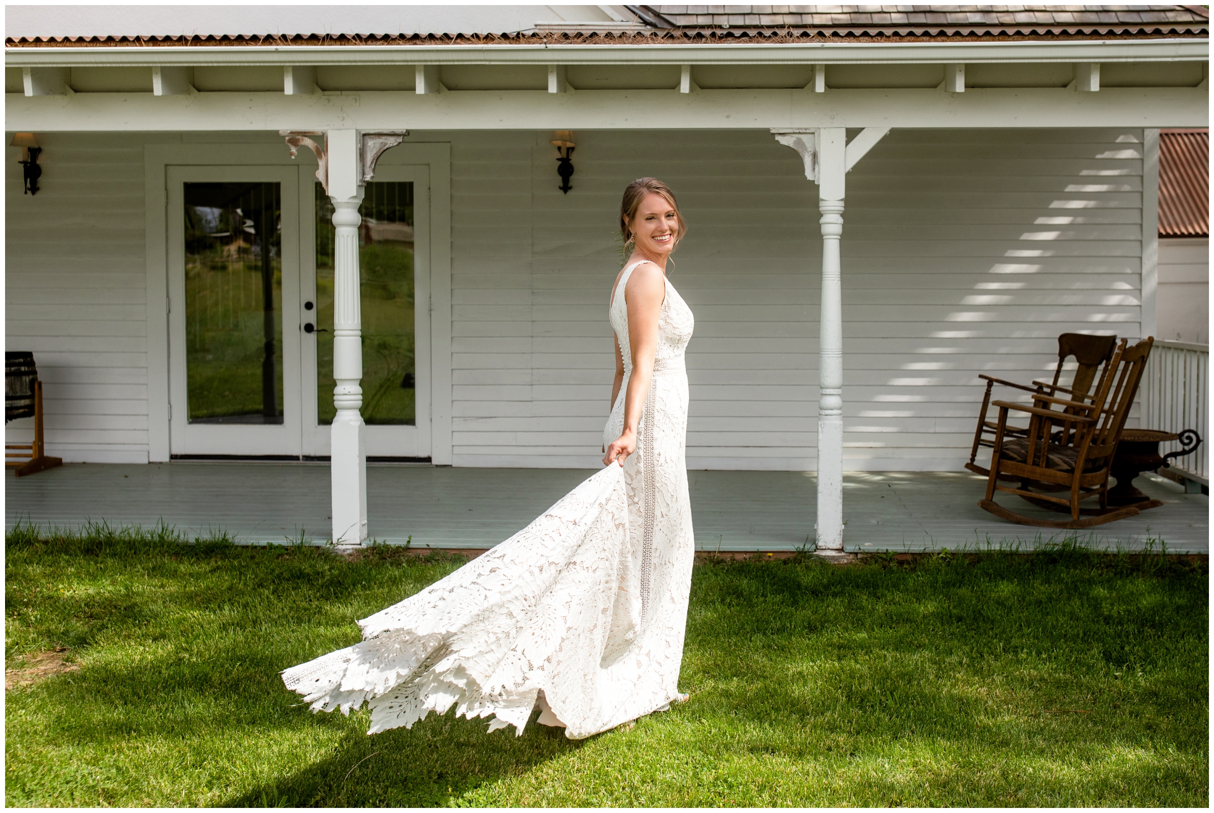 bride spinning in dress in front of farmhouse at Rist Canyon Inn Colorado summer wedding 