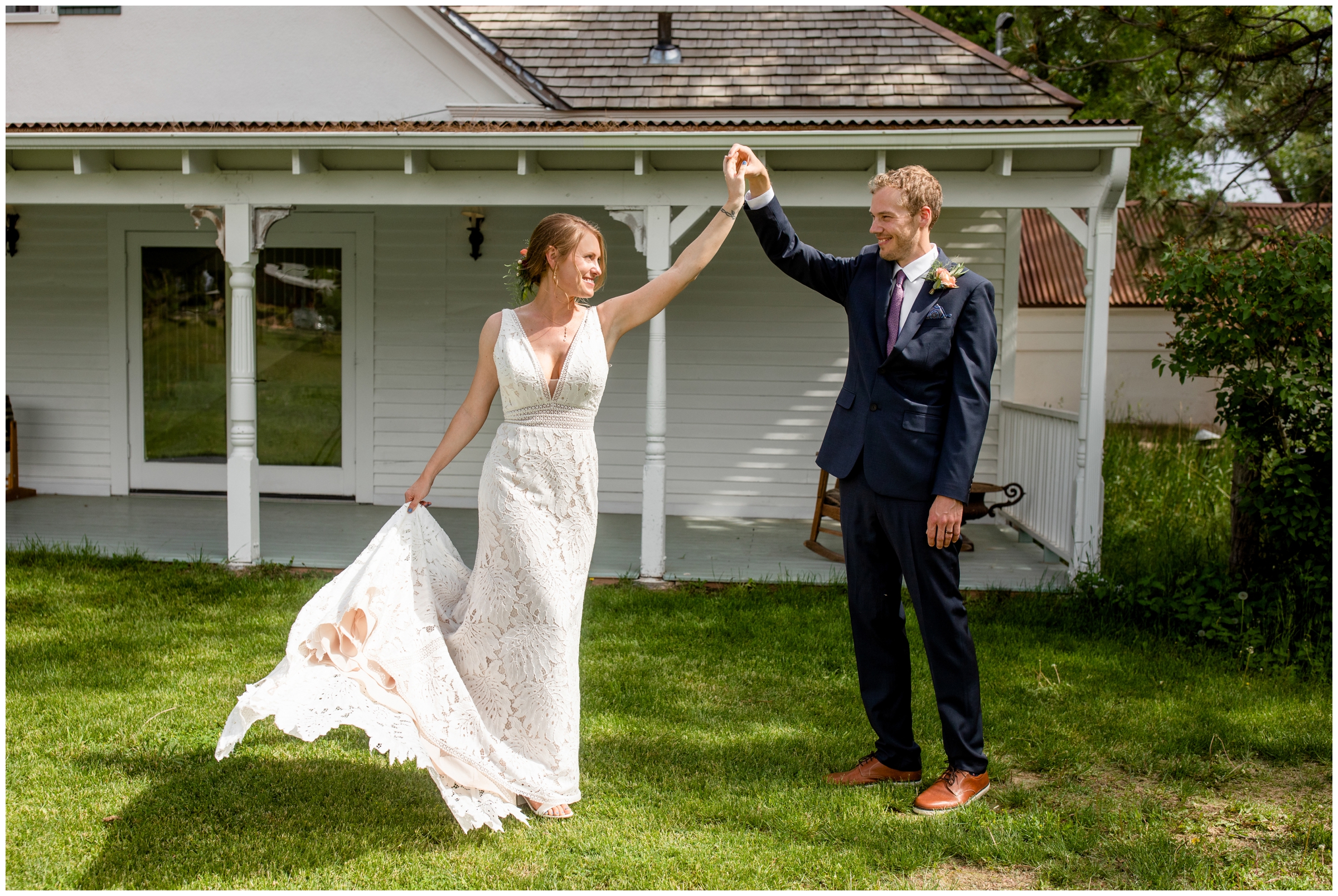 couple dancing in front of old farmhouse during Rist Canyon Inn Fort Collins wedding