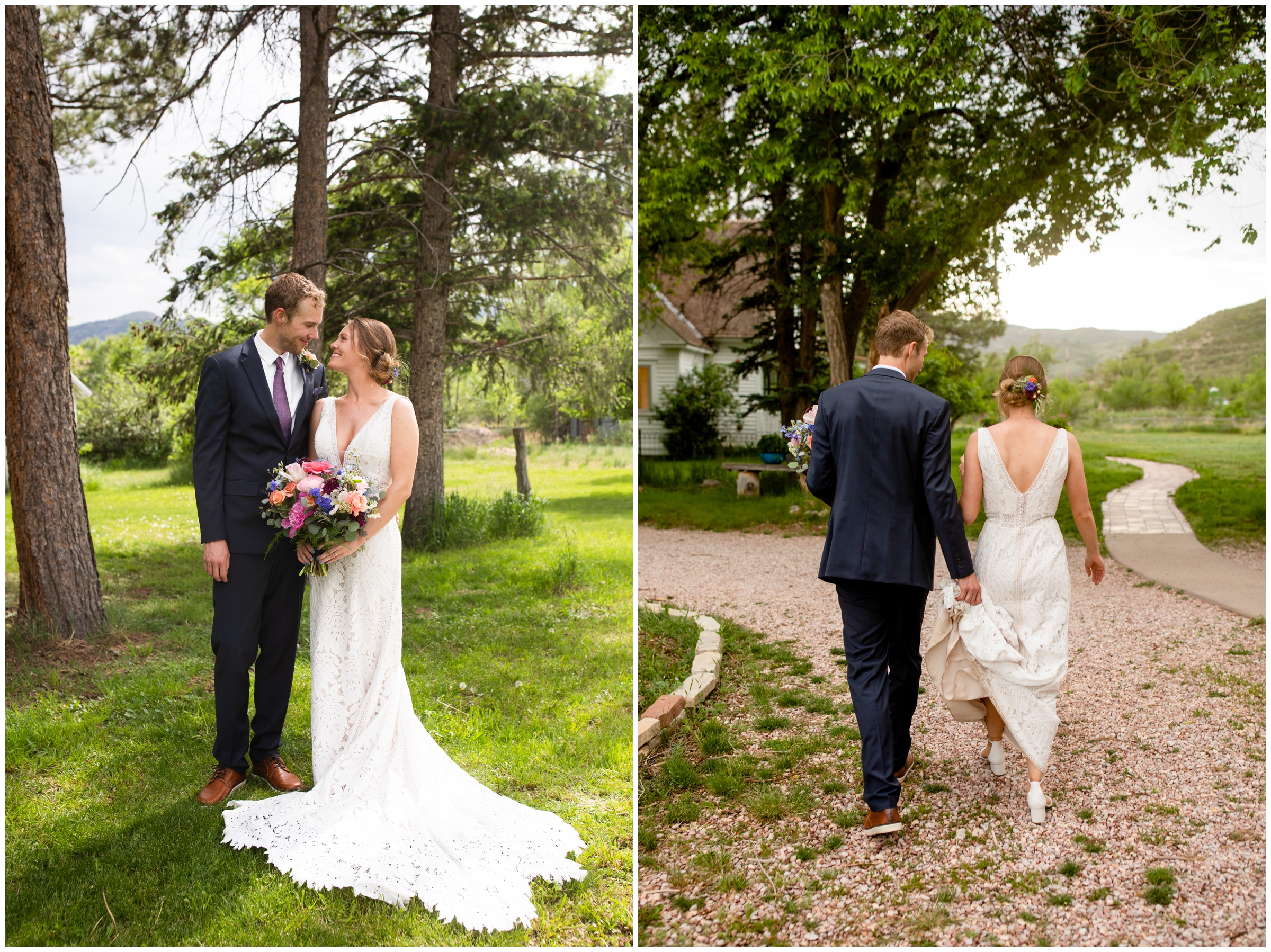 couple holding hands and walking down dirt road during rustic wedding in Northern Colorado 