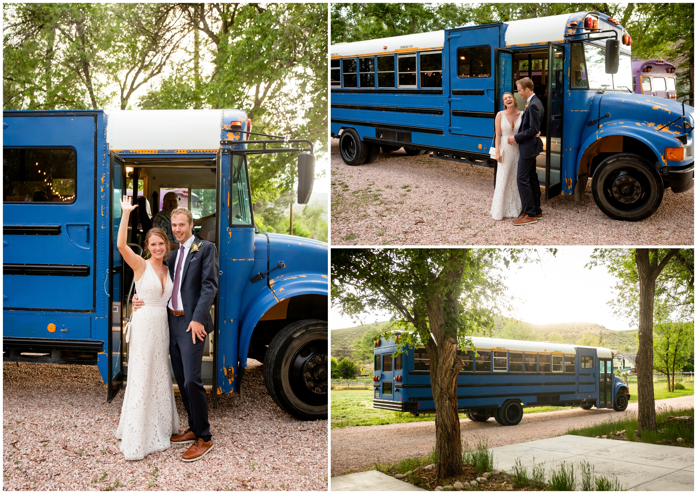 couple getting on blue school bus as their wedding reception getaway car 