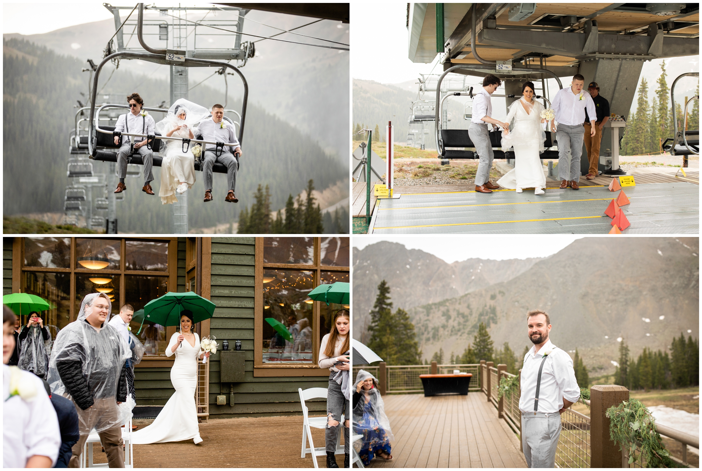 bride riding on chairlift up to Arapahoe Basin Colorado wedding ceremony 