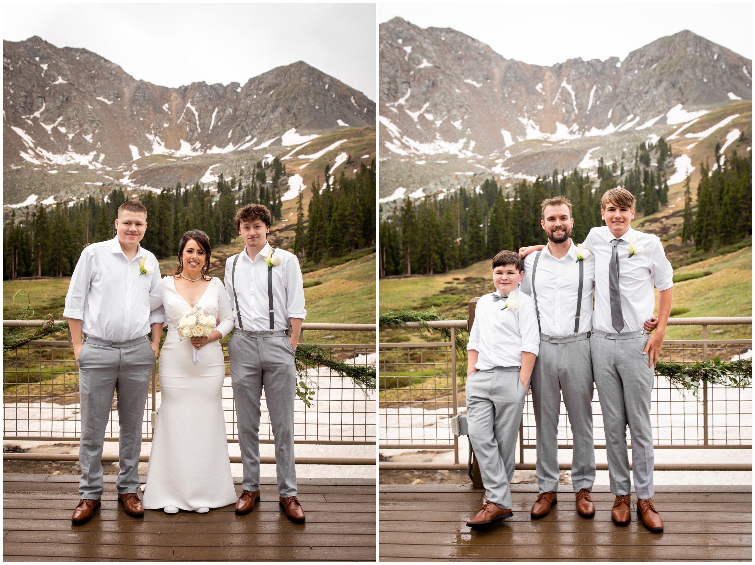 bride and groom posing with their sons during wedding family photos at Arapahoe Basin