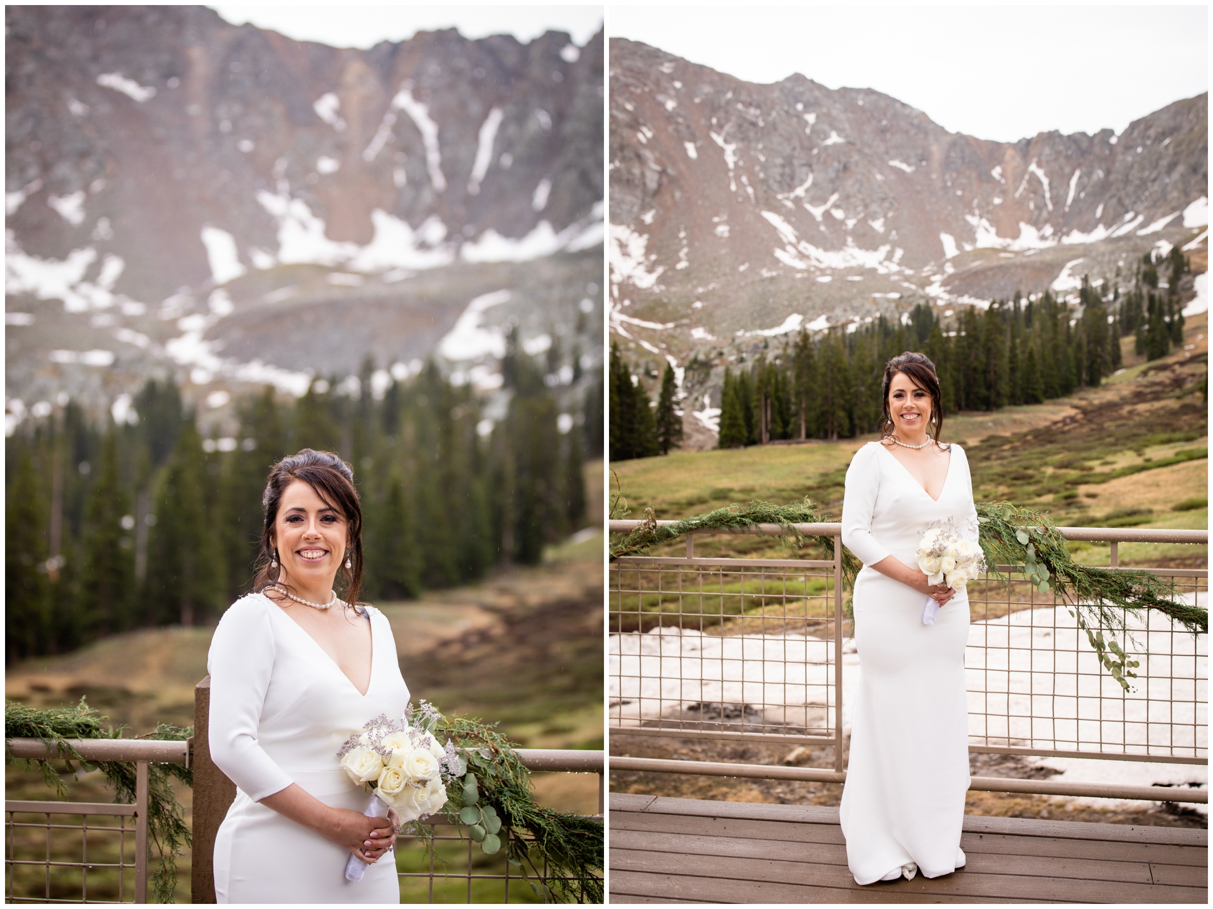 bride posing in front of mountains during A Basin Colorado wedding photos by Plum Pretty photography 