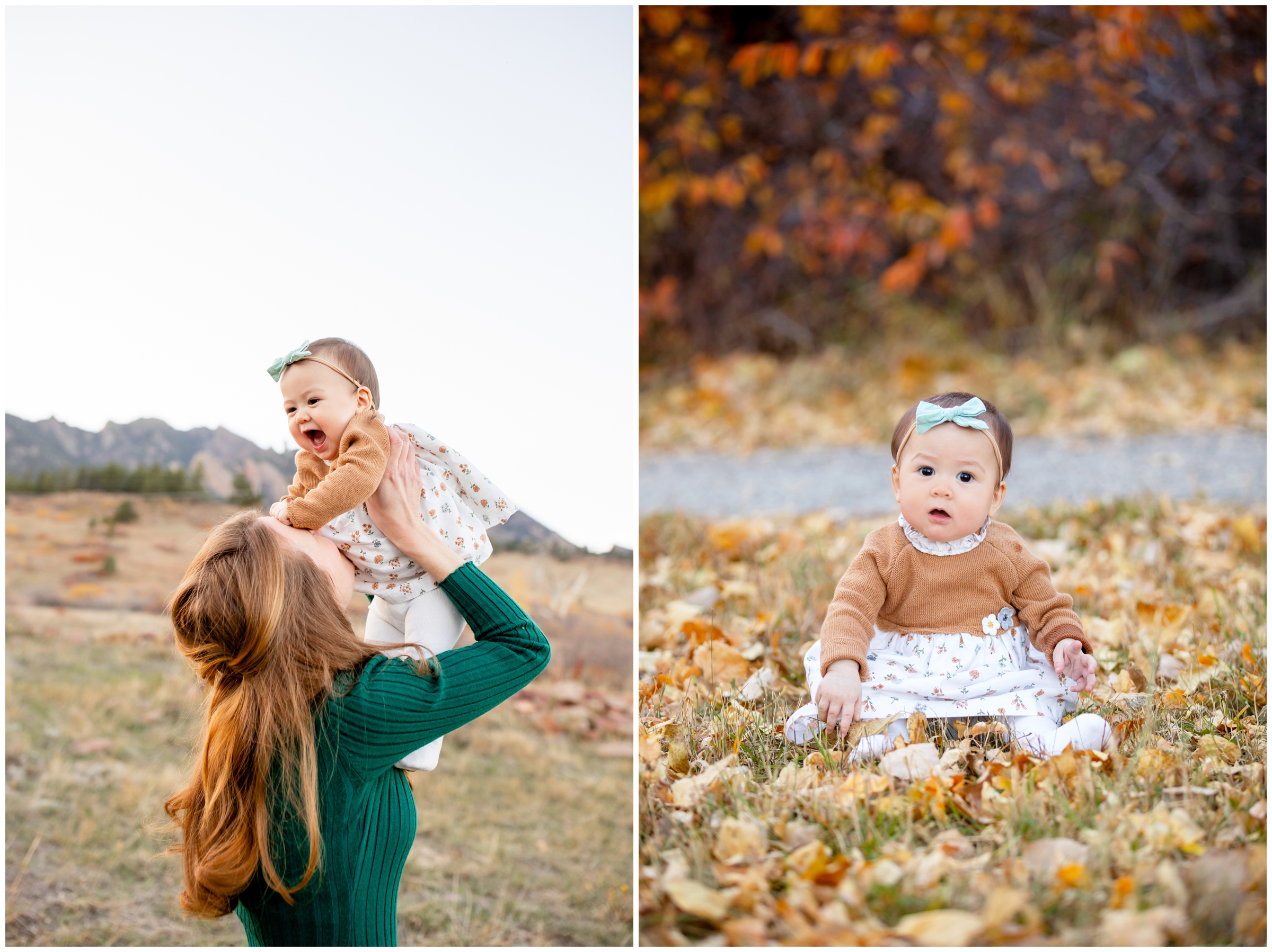 baby girl sitting in crunchy leaves during fall family photo session at south Mesa Boulder 
