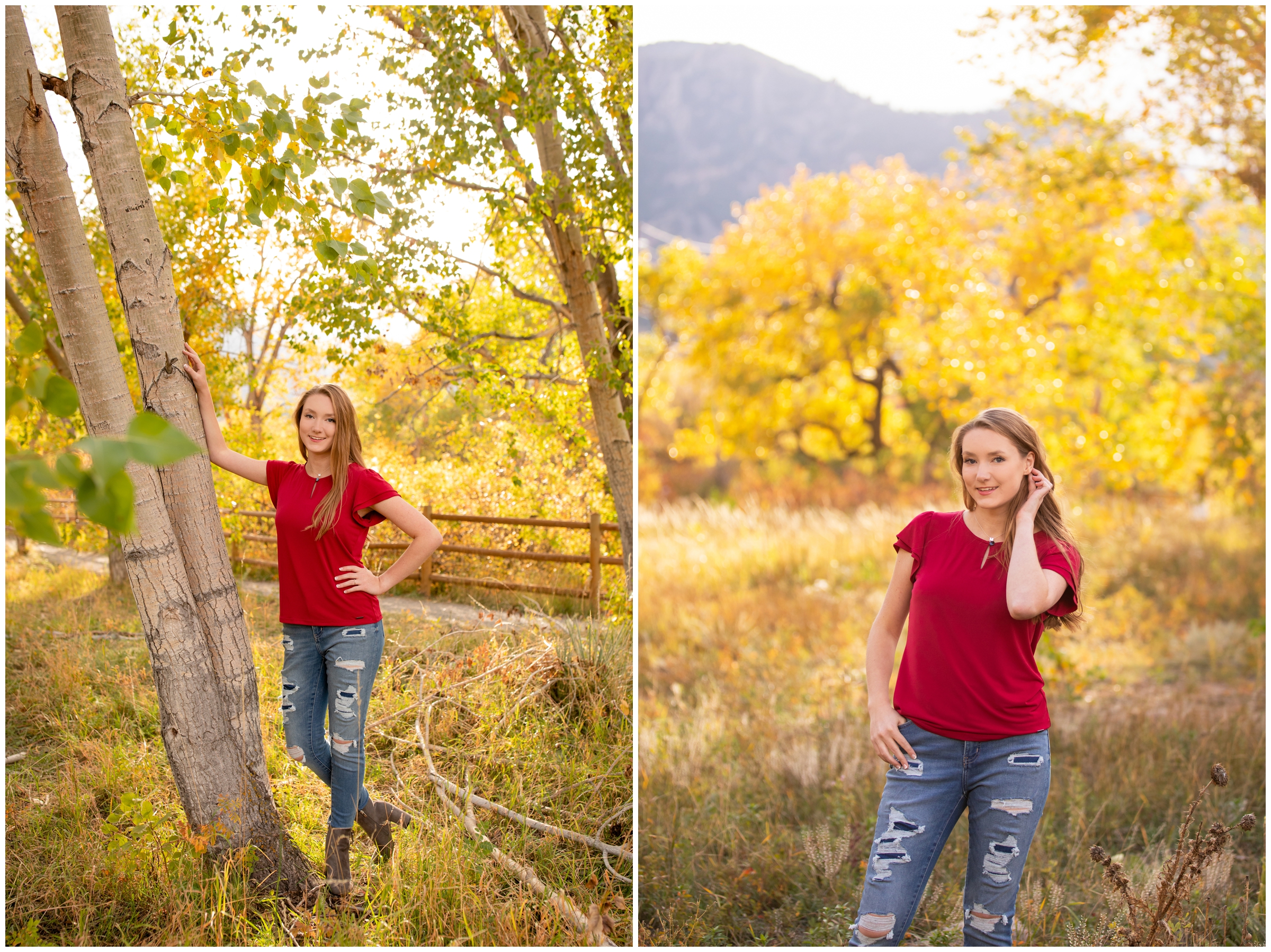 teen leaning against an aspen tree with fall foliage in background during Boulder Colorado senior portraits during fall