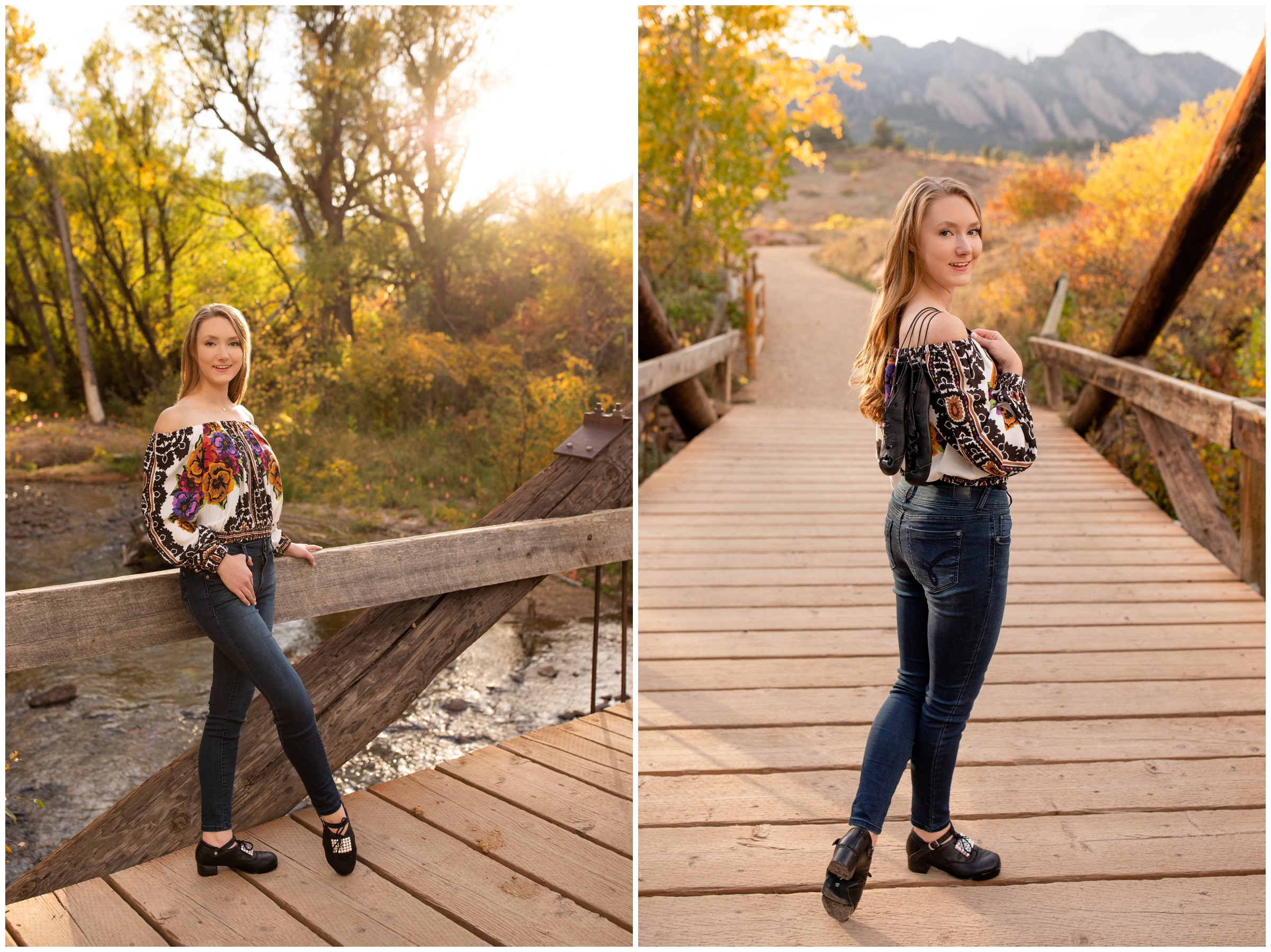 teen posing with irish dancing shoes during Boulder Colorado senior portraits 