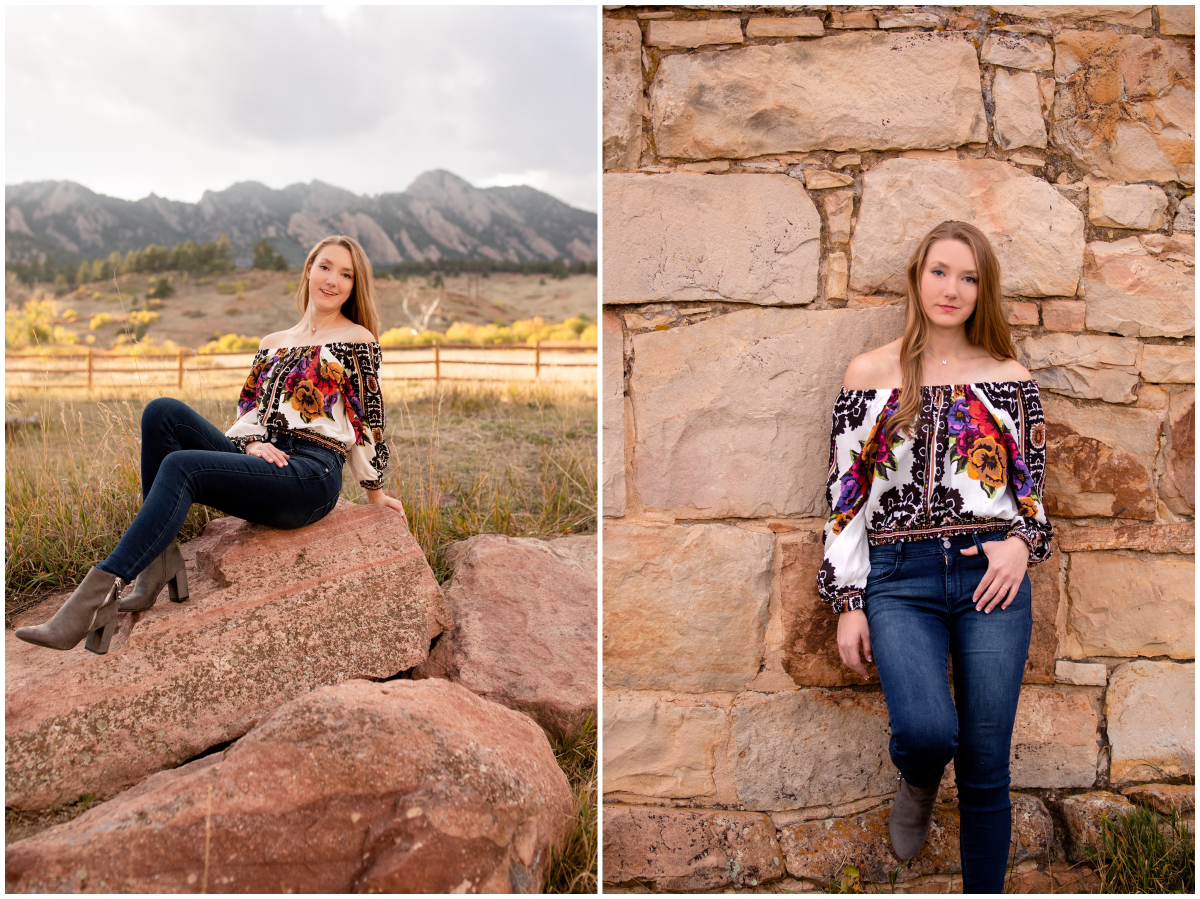 teen girl leaning against stone wall at Boulder senior pictures at South Mesa
