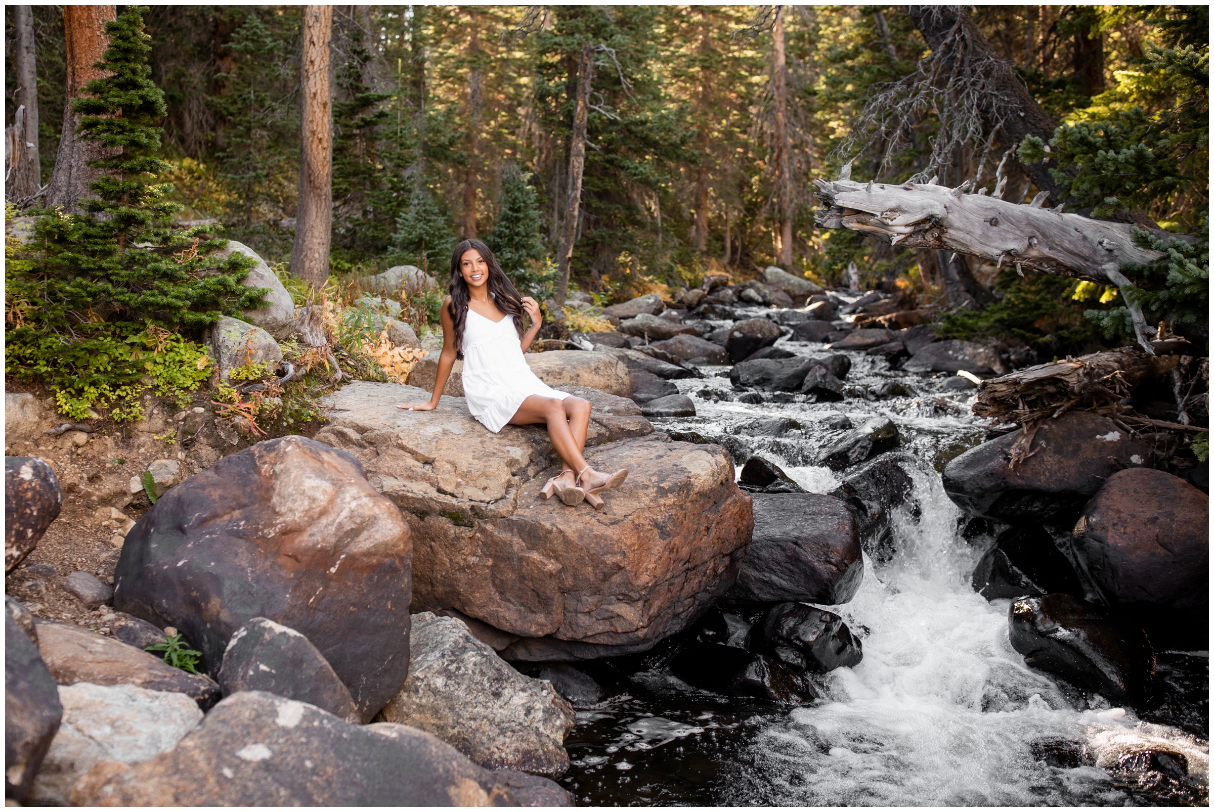 Colorado waterfall senior photography inspiration in the Colorado mountains 