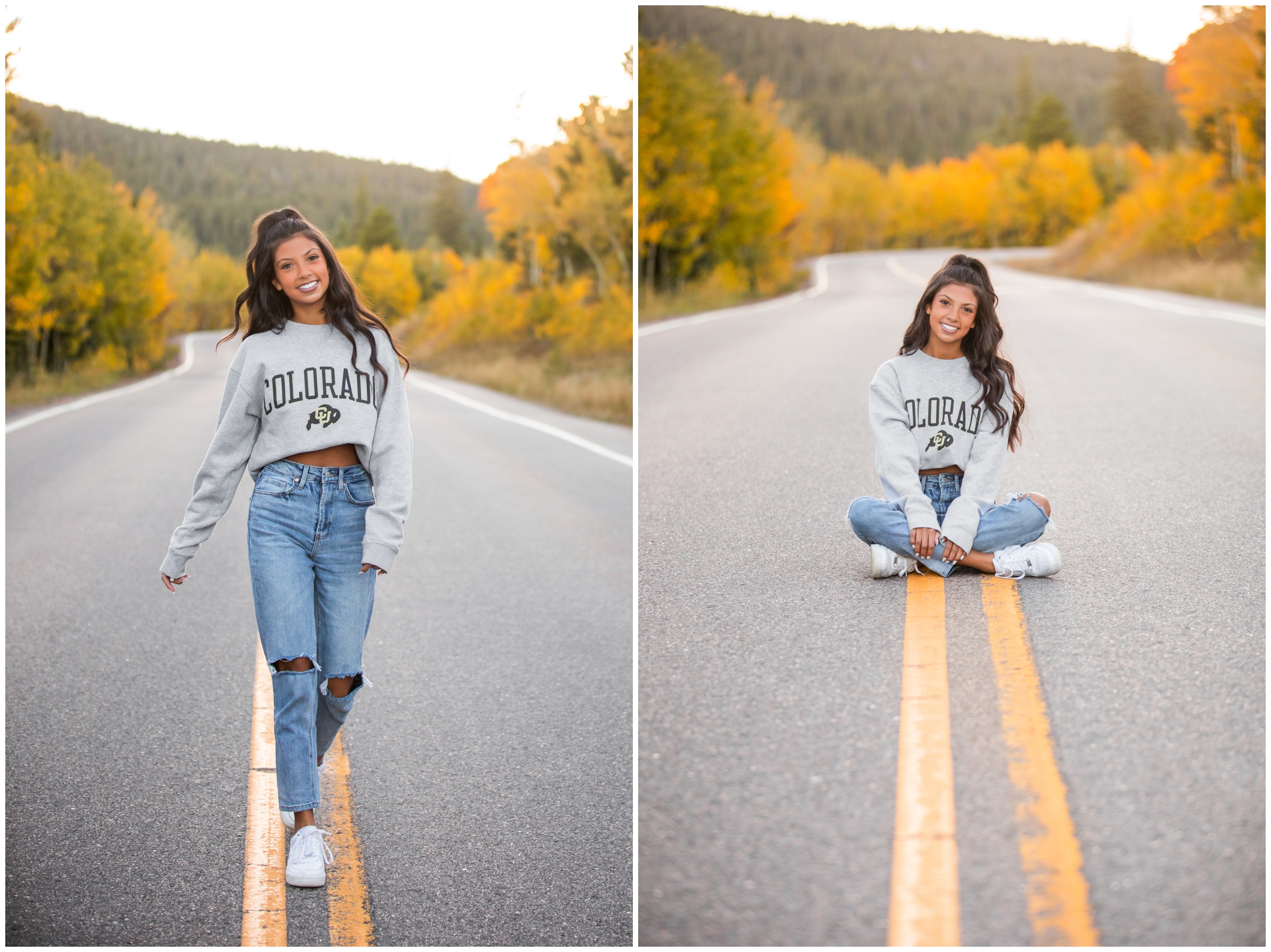 teen walking down tree-lined road during fall senior portraits in Northern Colorado 