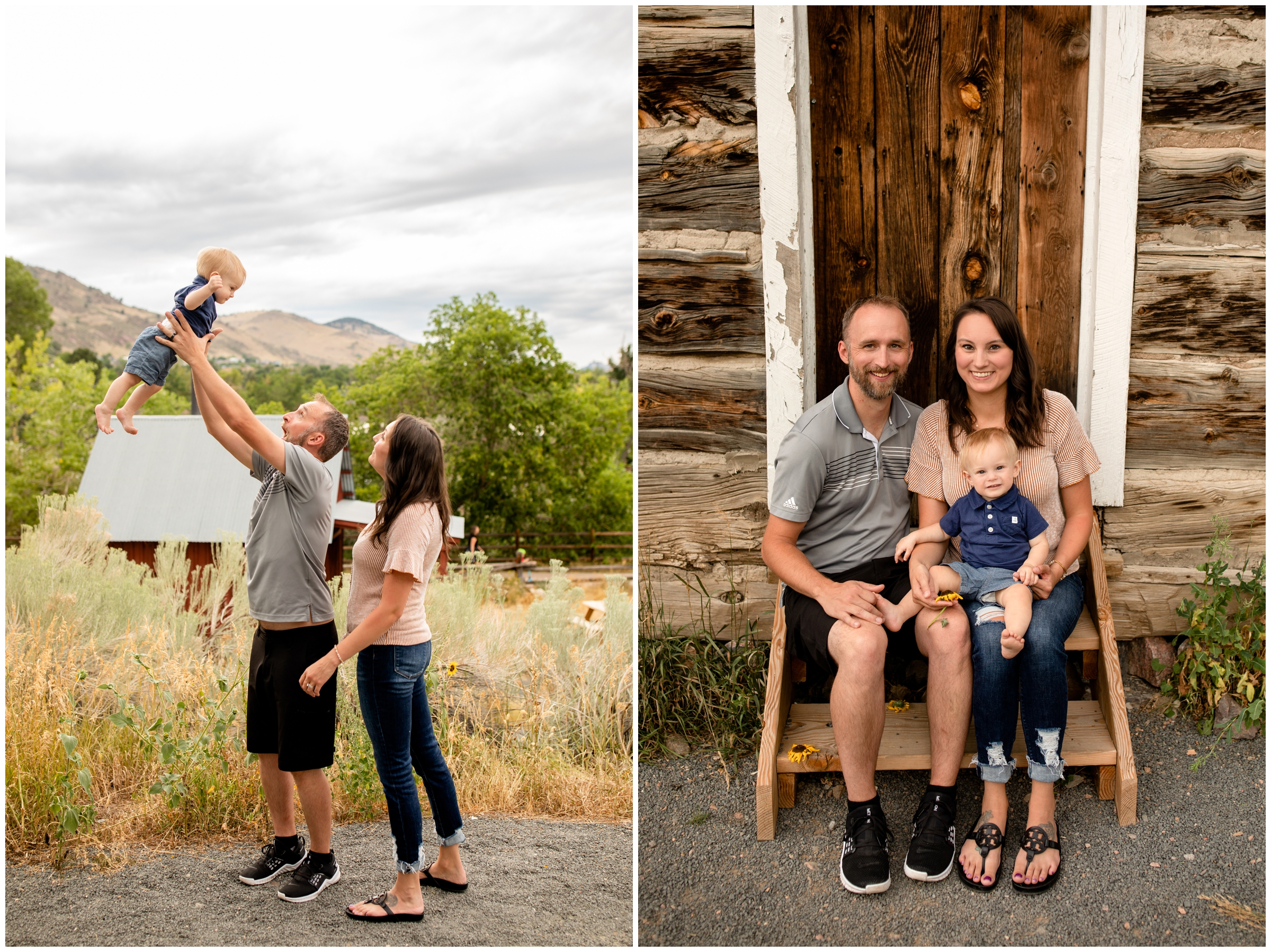 dad lifting son into the air during Golden Colorado family photography session 