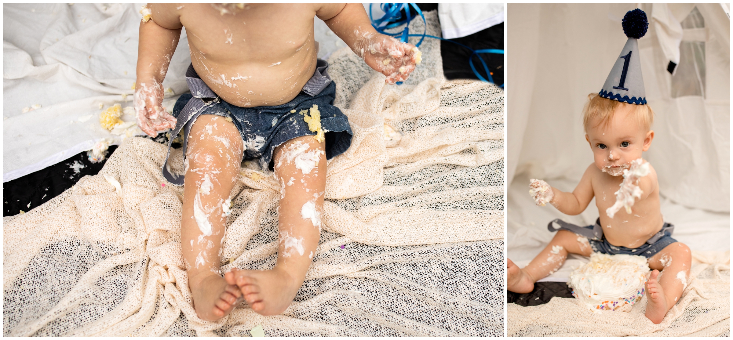 little boy covered in frosting after Colorado cake smash photography session in Golden 