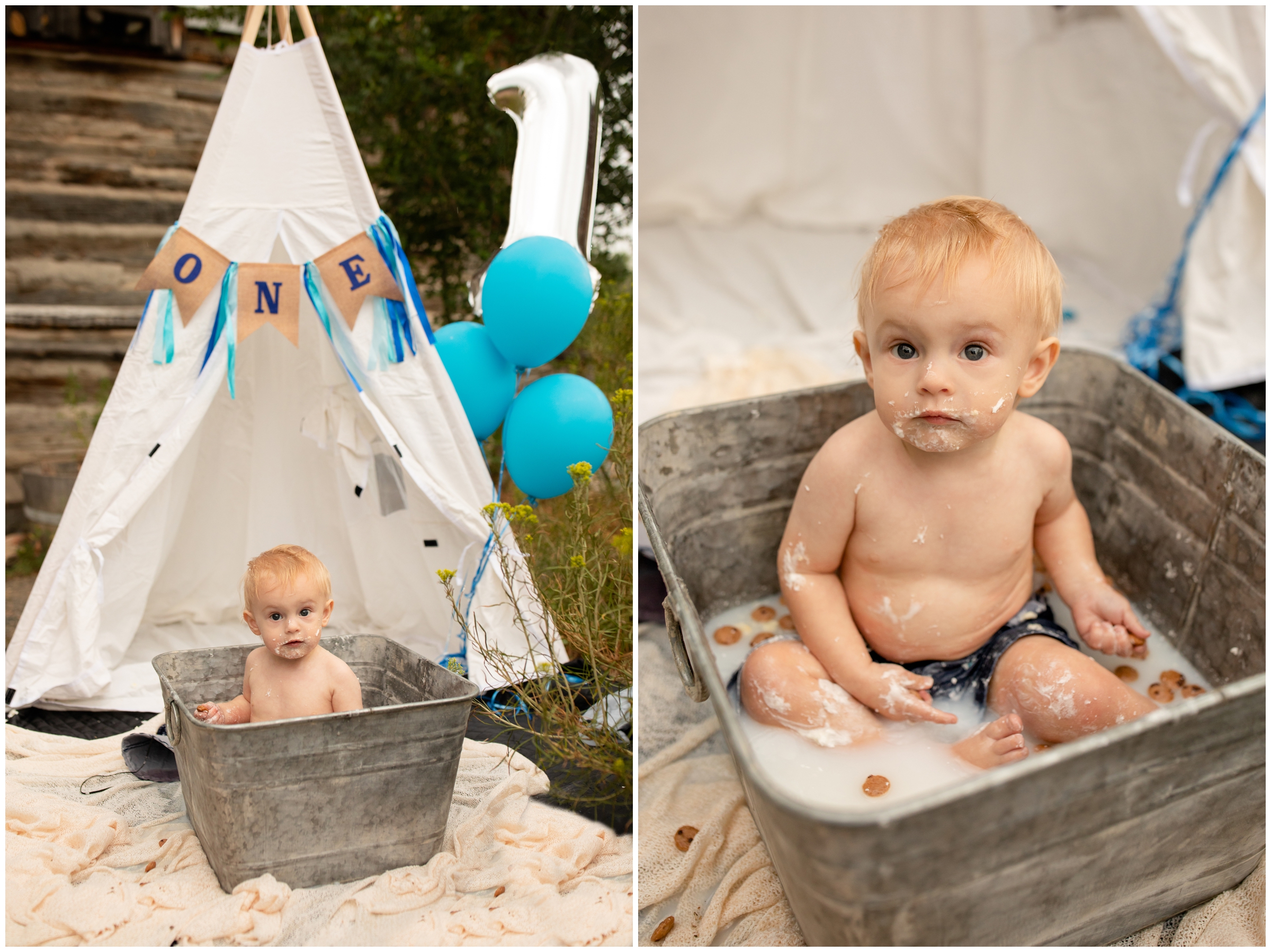 milk and cookies bath during first birthday cake smash session in Golden Colorado 