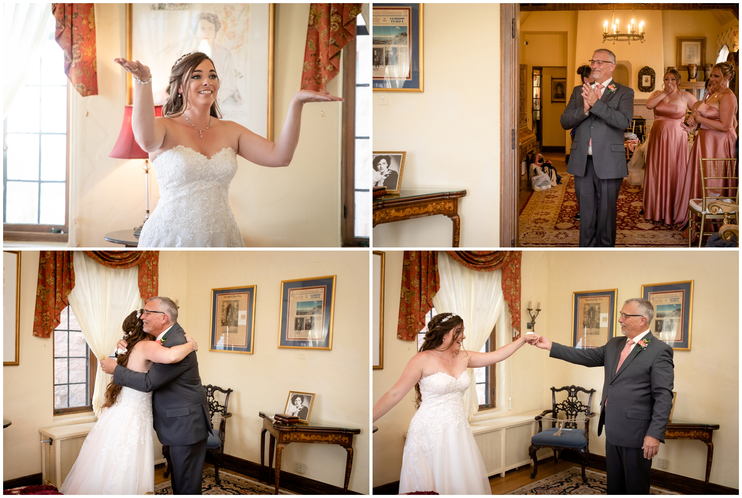 bride and her dad doing first look in the bridal suite at Sedalia Colorado wedding