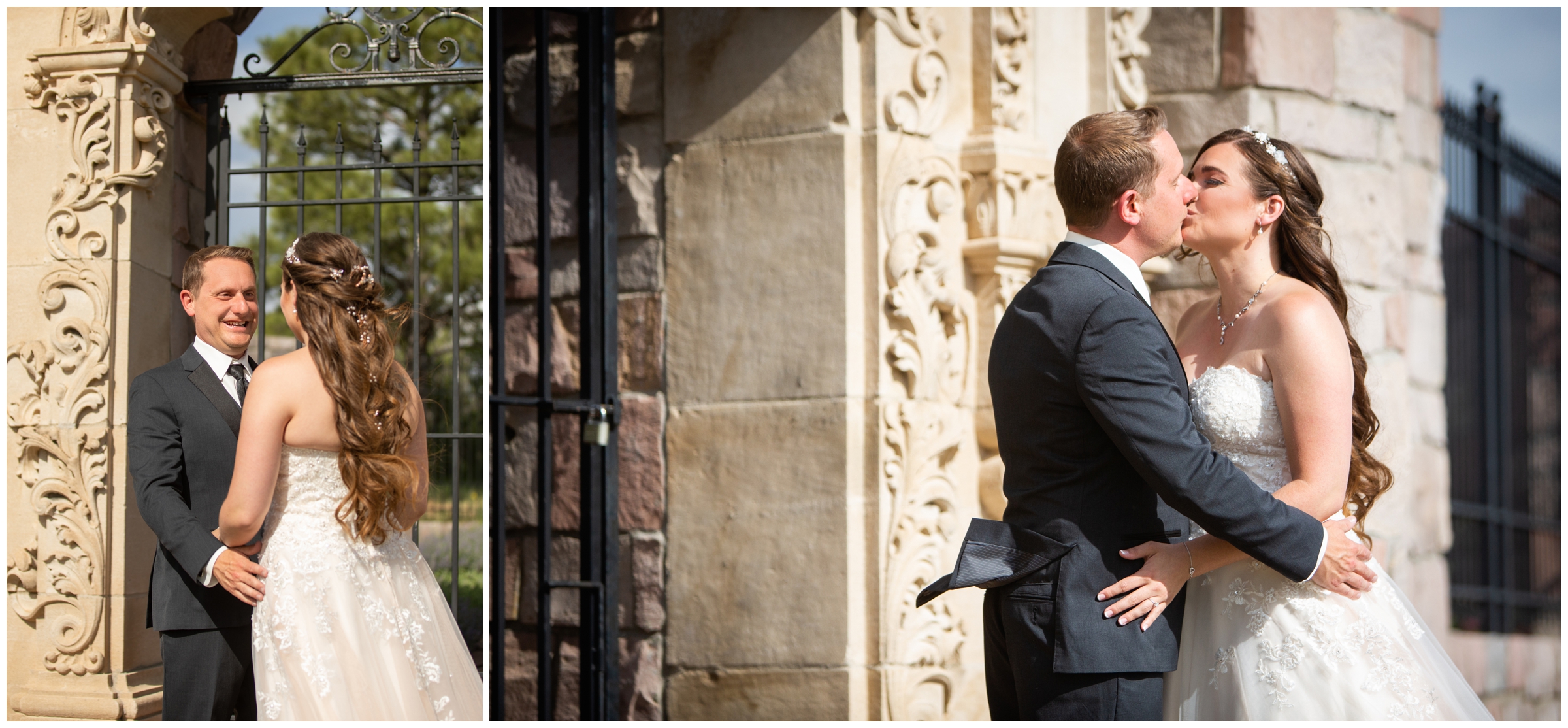 bride and groom first look in front of wrought iron gate at Cherokee Ranch and Castle