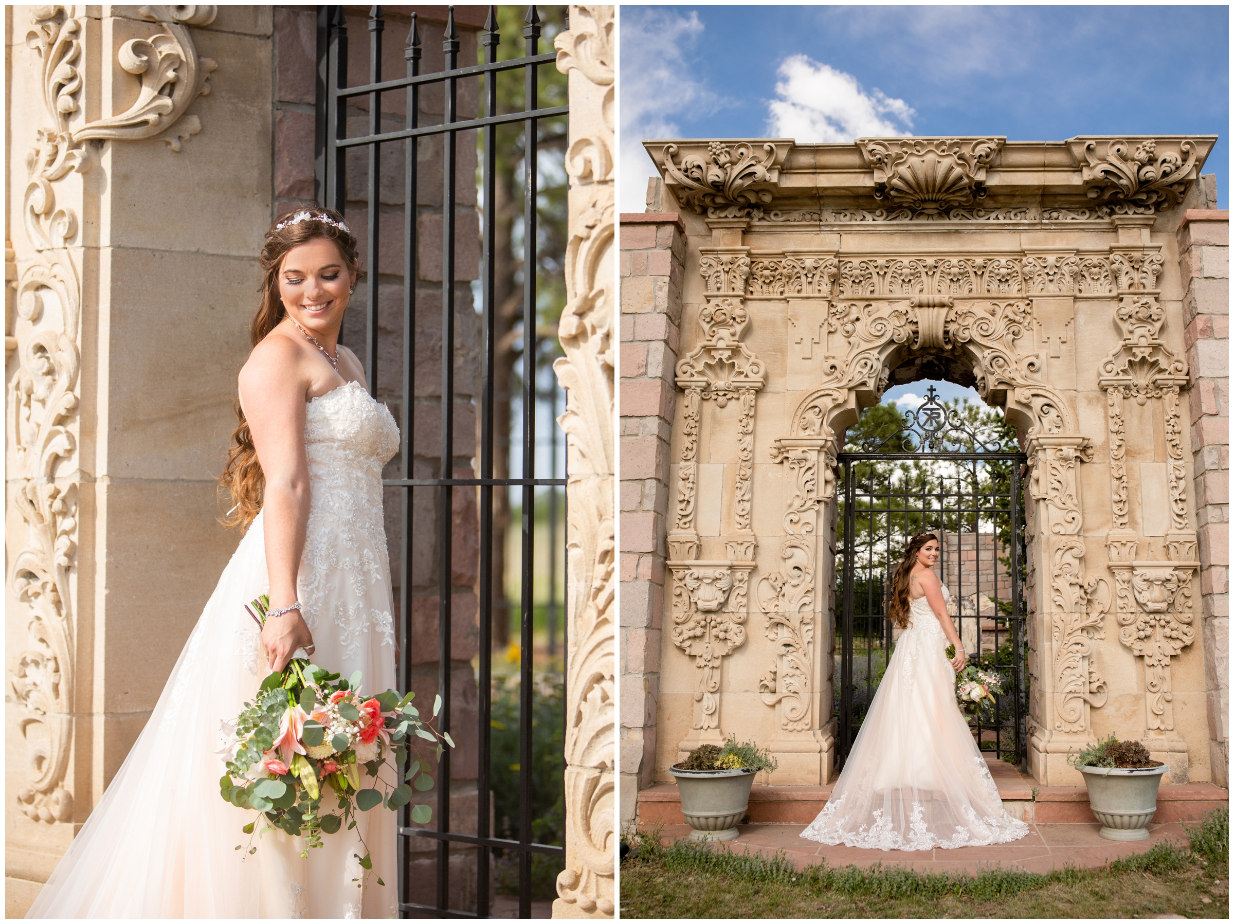 bride posing in front of wrought iron gates at Cherokee Ranch and Castle Colorado summer wedding 