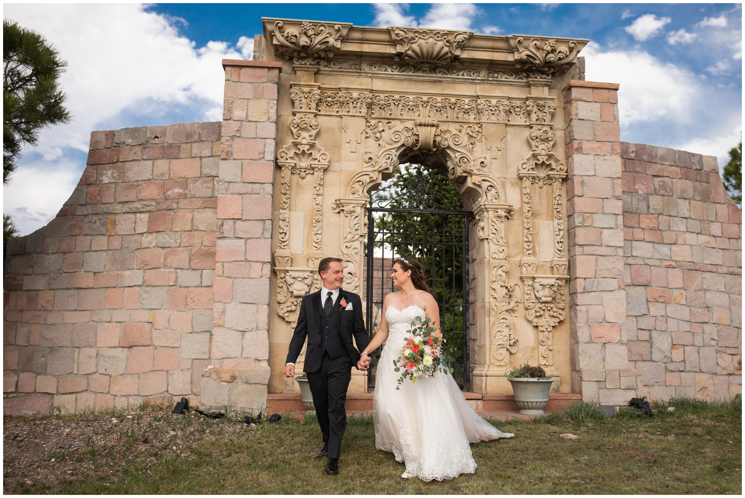 candid wedding pictures of couple walking during Colorado castle wedding in Sedalia
