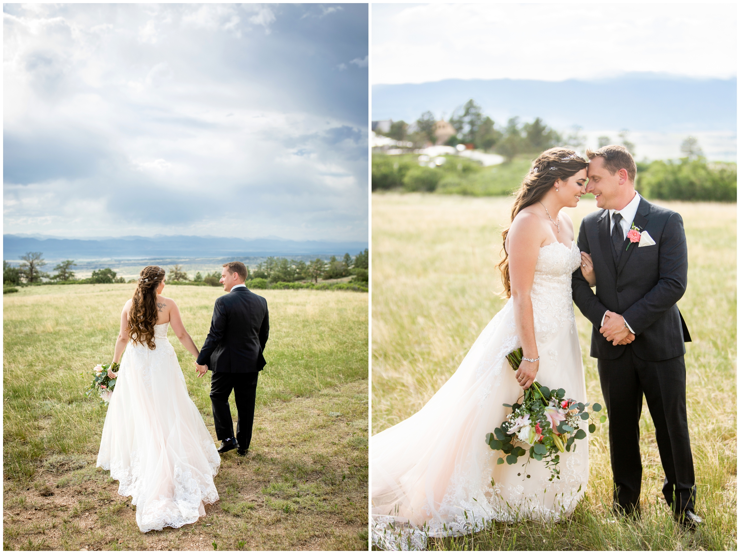 couple posing in a field with mountains in the background during Sedalia Colorado summer wedding pictures 
