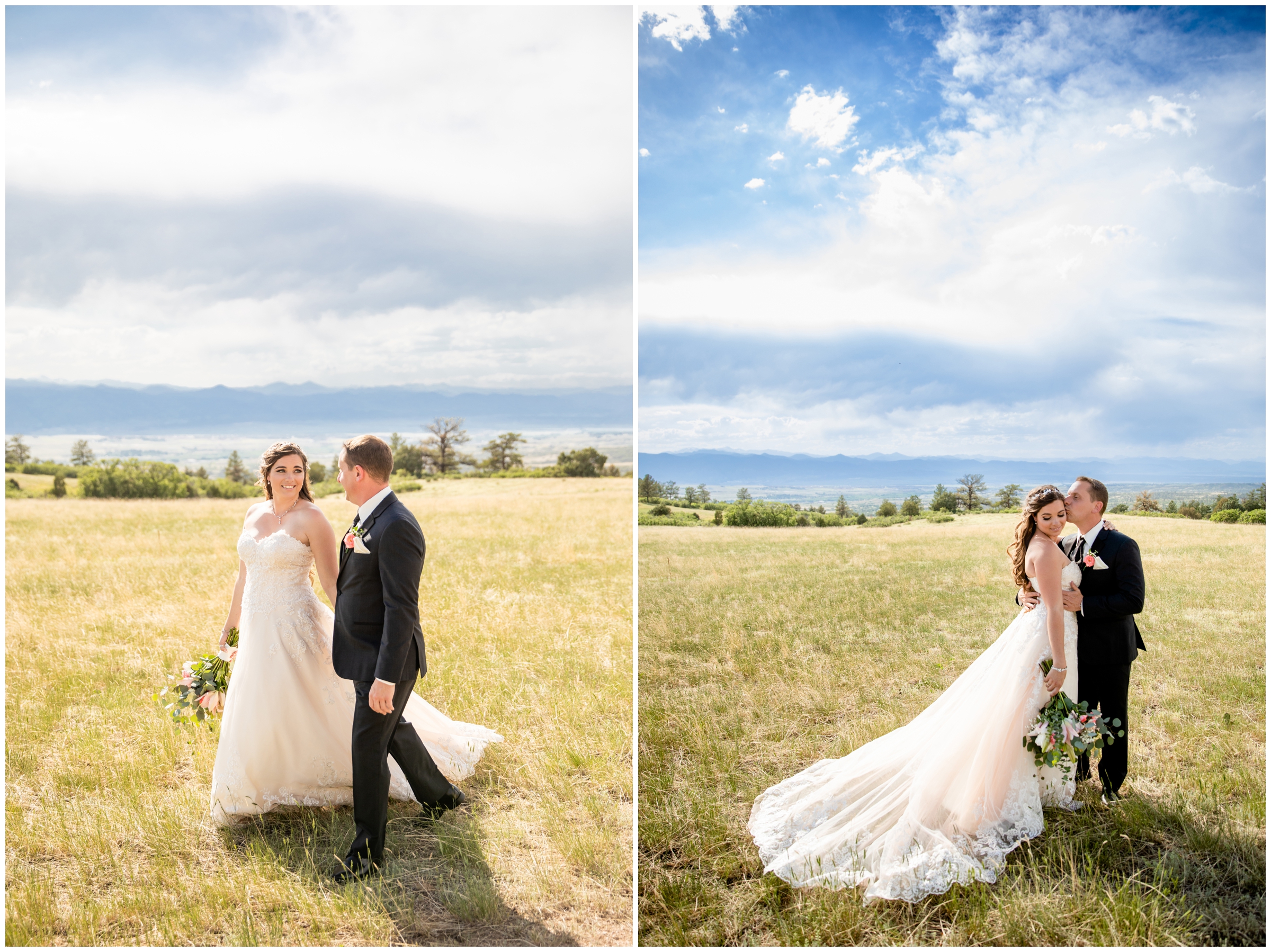 couple walking through a field with castle in background at Cherokee Ranch and Castle wedding in Colorado 