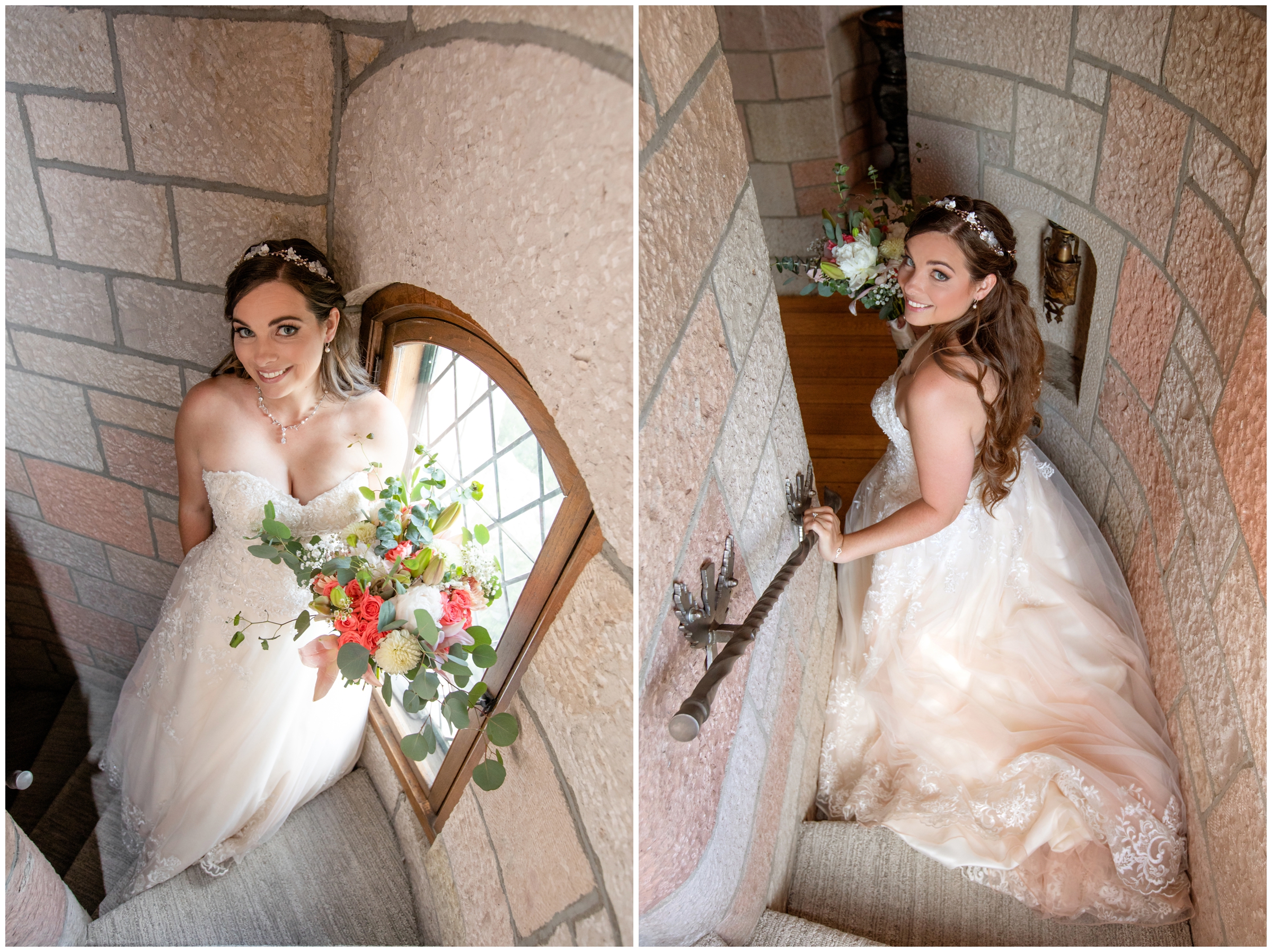 bride posing in stone stairwell during Colorado castle wedding photos at Cherokee Ranch 
