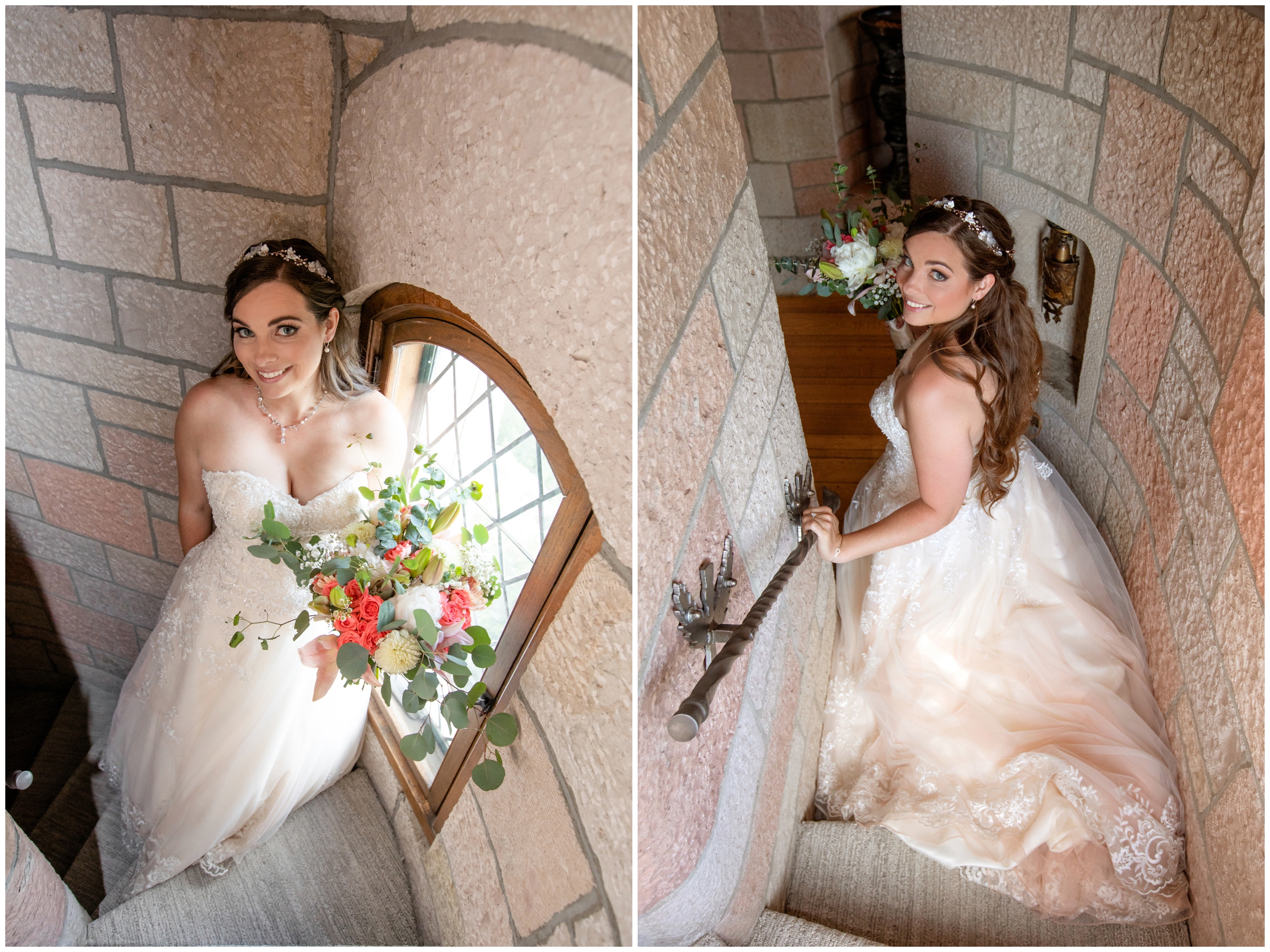 bride posing in stone stairwell during Colorado castle wedding photos at Cherokee Ranch