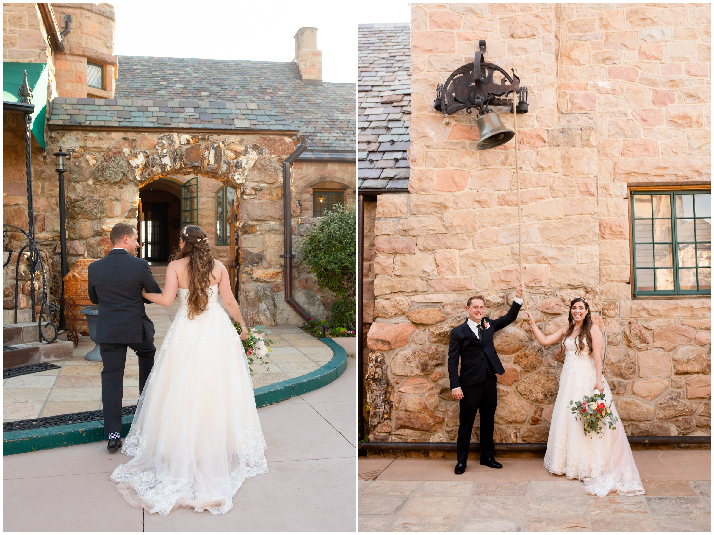couple ringing bell after colorado castle wedding ceremony at Cherokee Ranch 