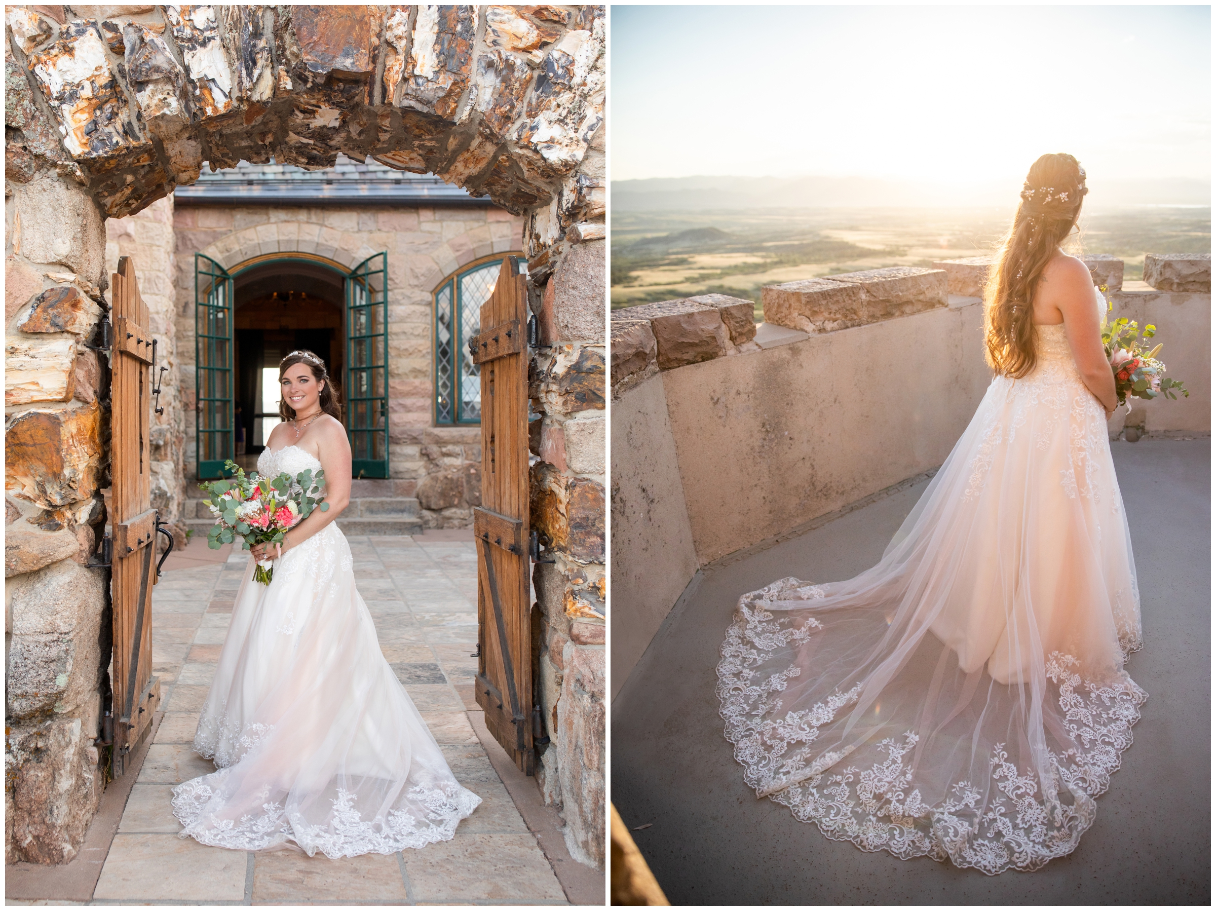 princess inspired bride posing between wooden gate at Colorado castle wedding 