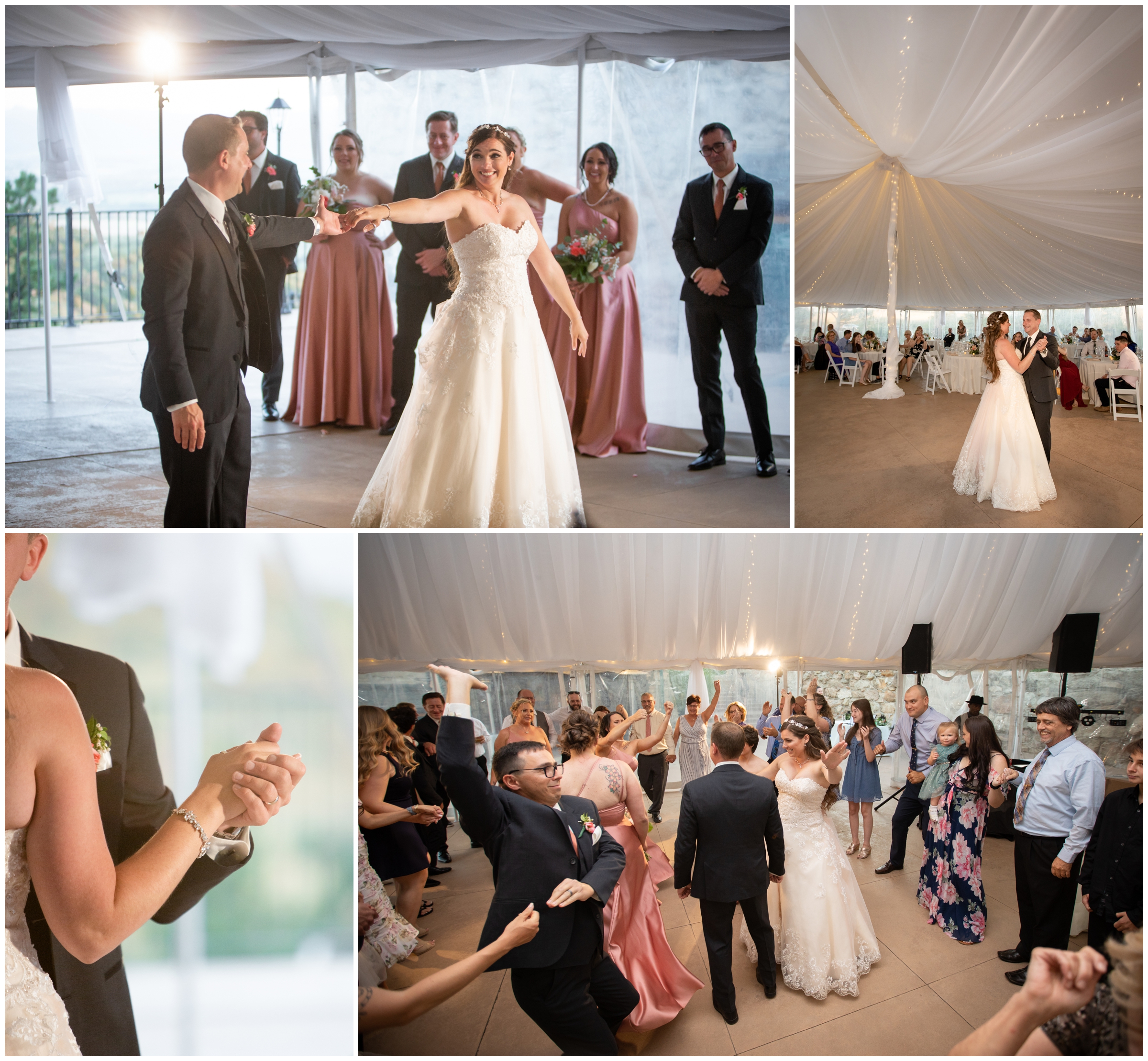 bride and groom's first dance during Colorado tented wedding reception in Sedalia