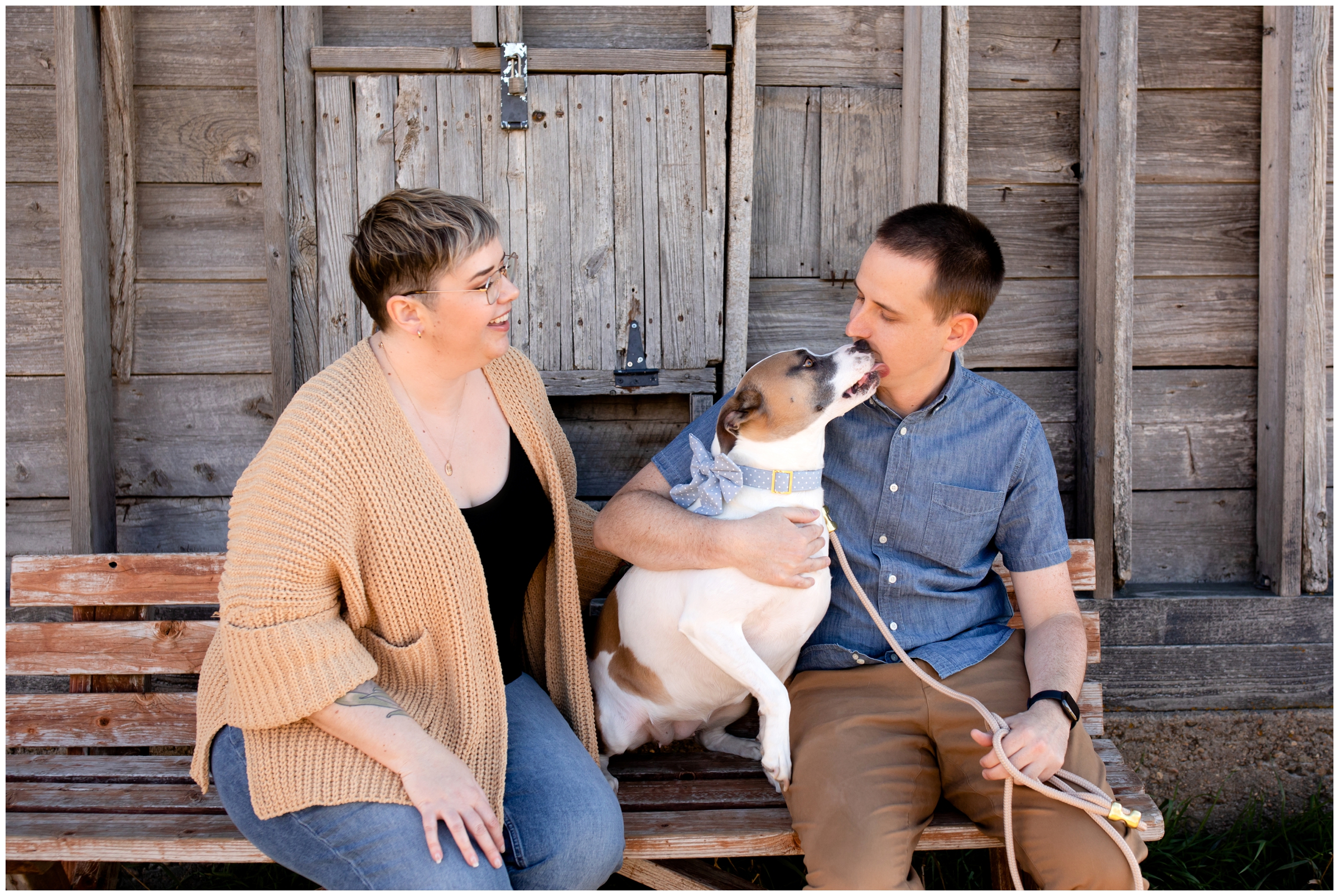 dog licking owner's face during Longmont family photos at Sandstone Ranch 
