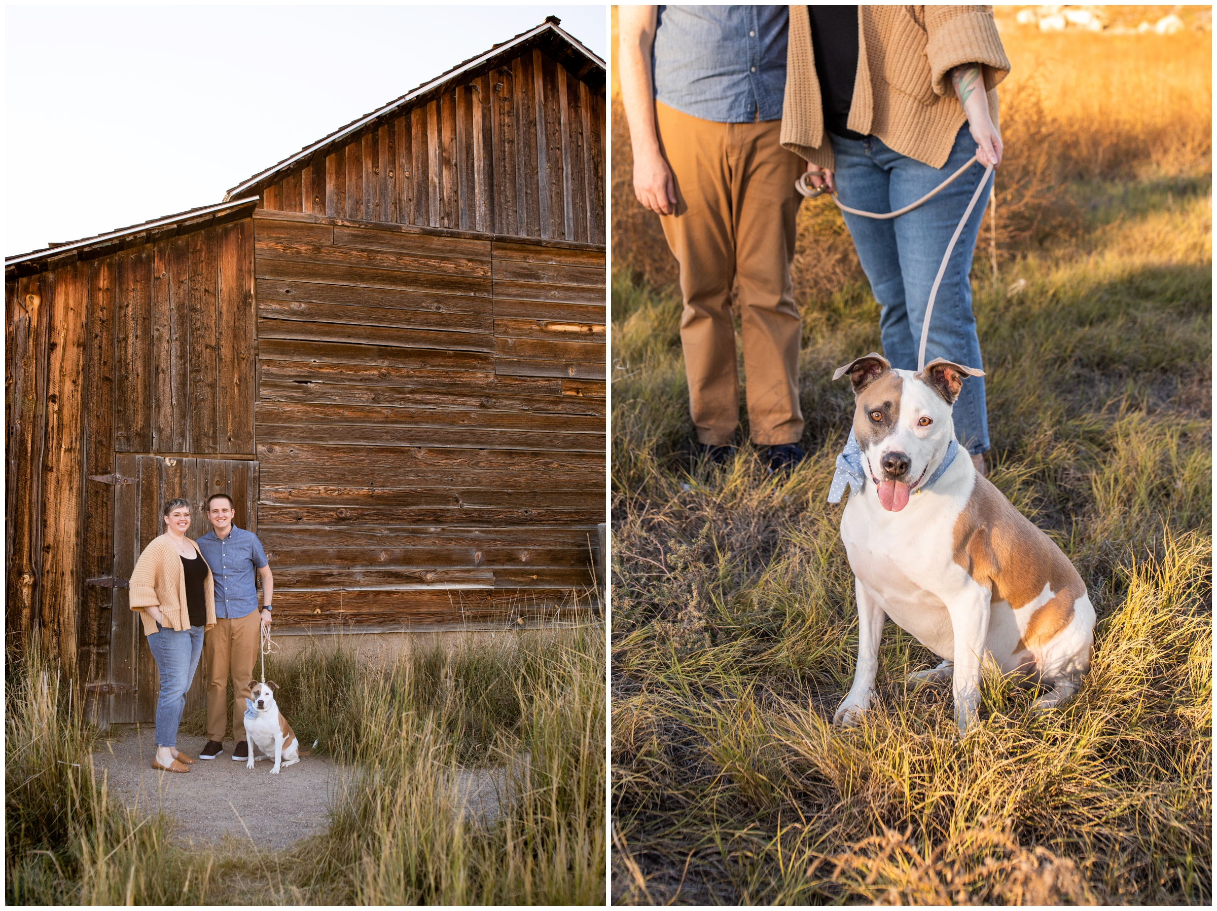 couple posing next to old barn with their dog during Longmont Colorado photography session at Sandstone Ranch