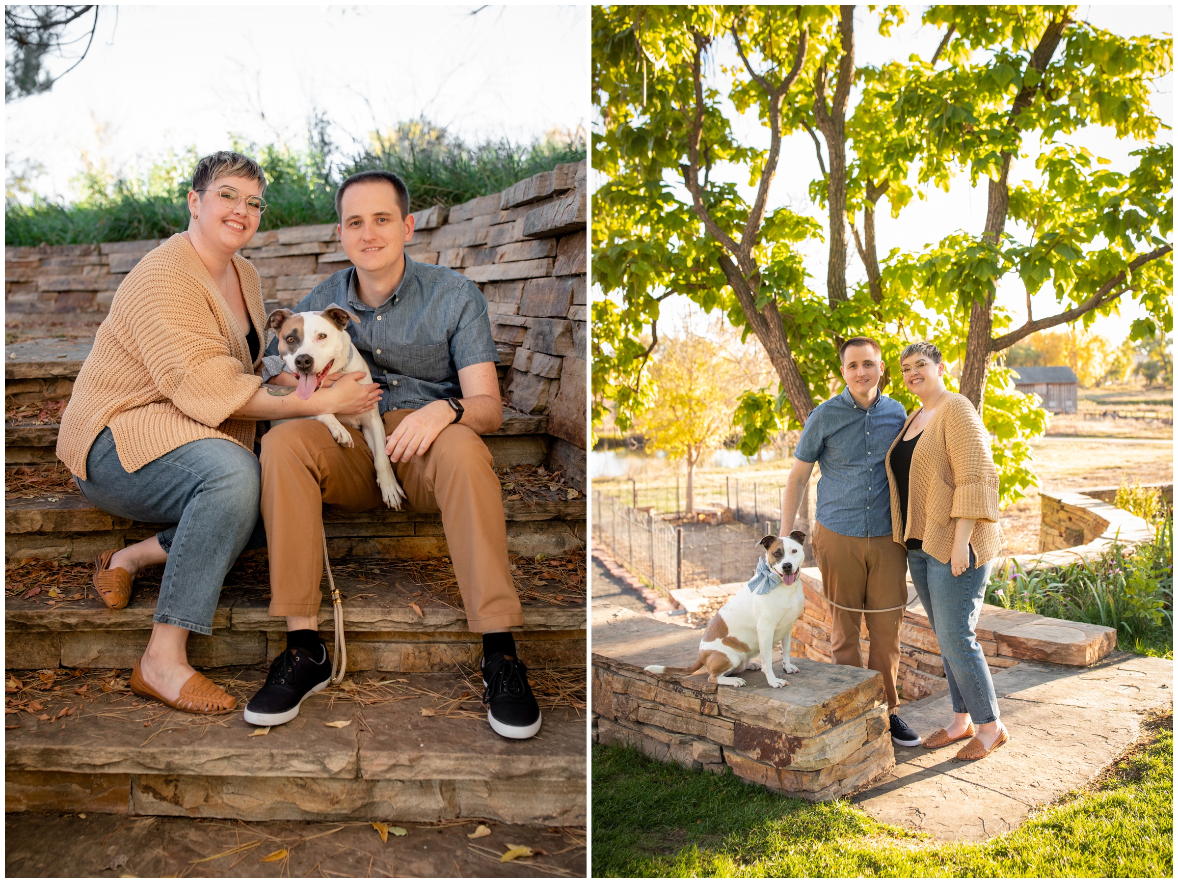 couple sitting on stone steps during family photos with their dog at Sandstone Ranch Longmont