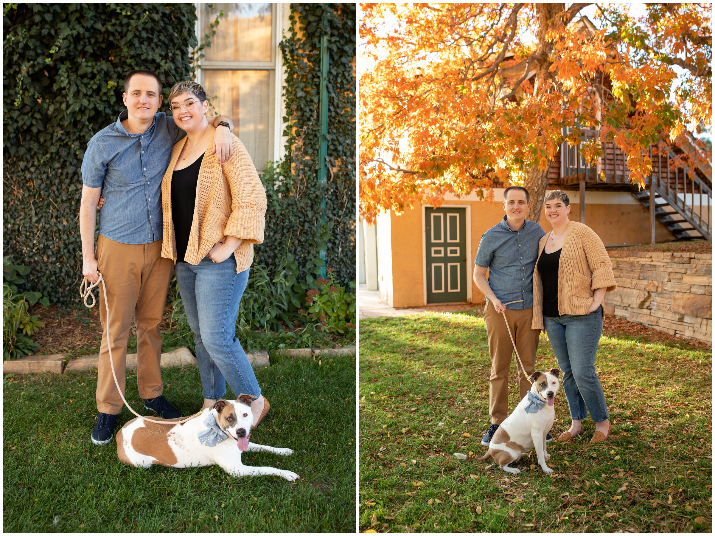 couple posing in front of fall foliage during family photos with their dog in Longmont Colorado