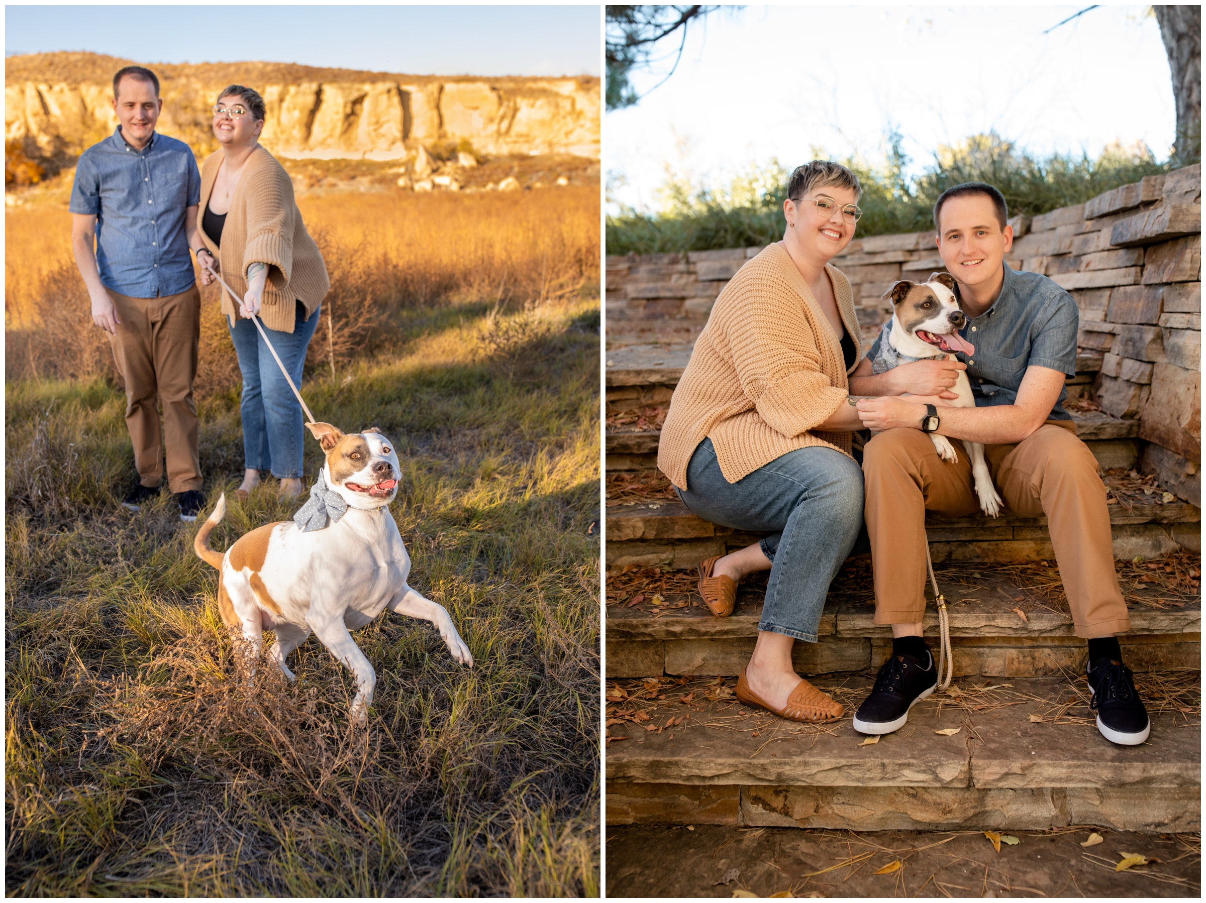 dog acting crazy during couple's photo session with their dog at Sandstone Ranch Longmont