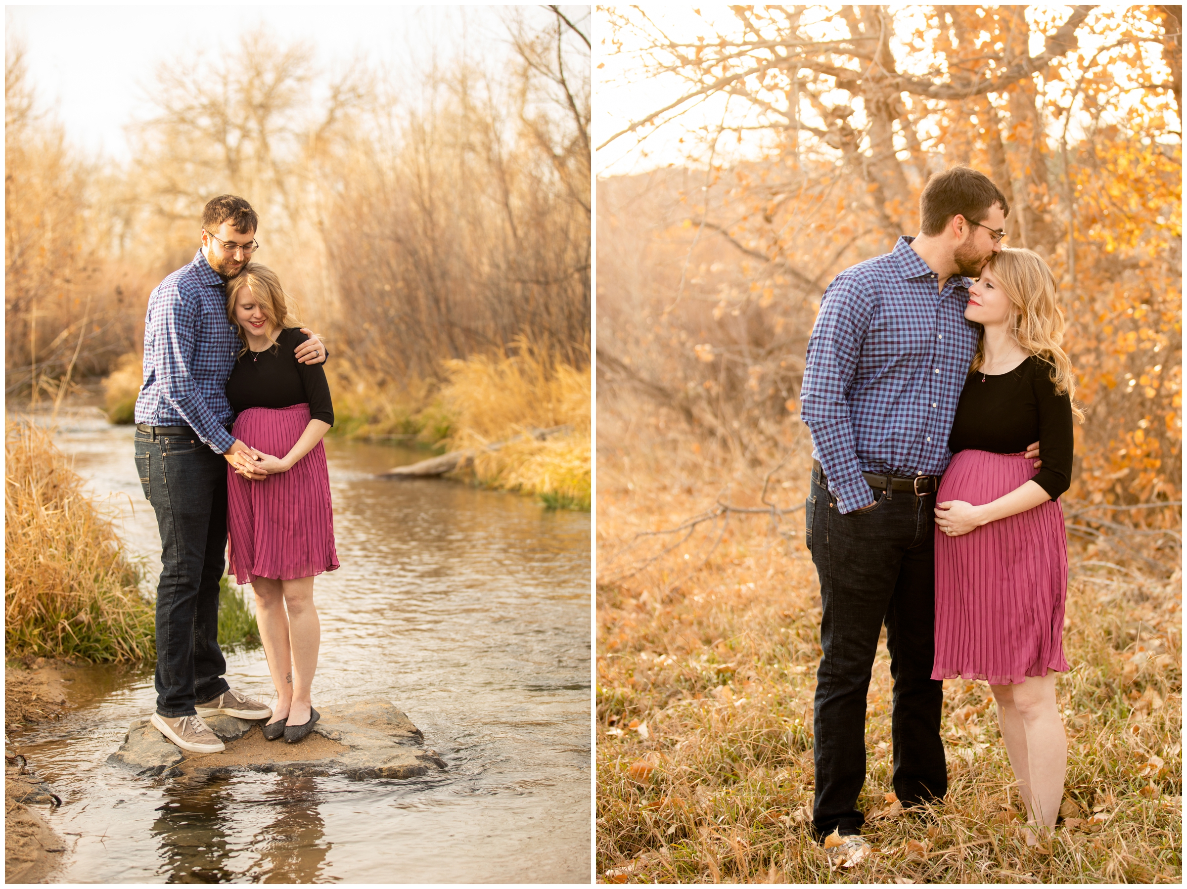 couple posing next to the river during Colorado maternity photography session along Cherry Creek Trail