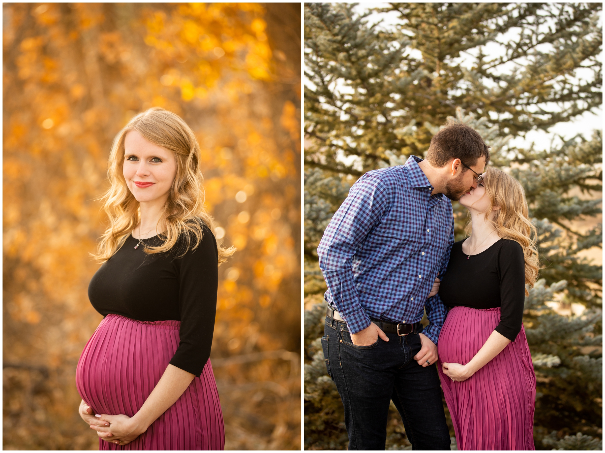 couple kissing in front of pine tree during Centennial CO pregnancy  portrait session 