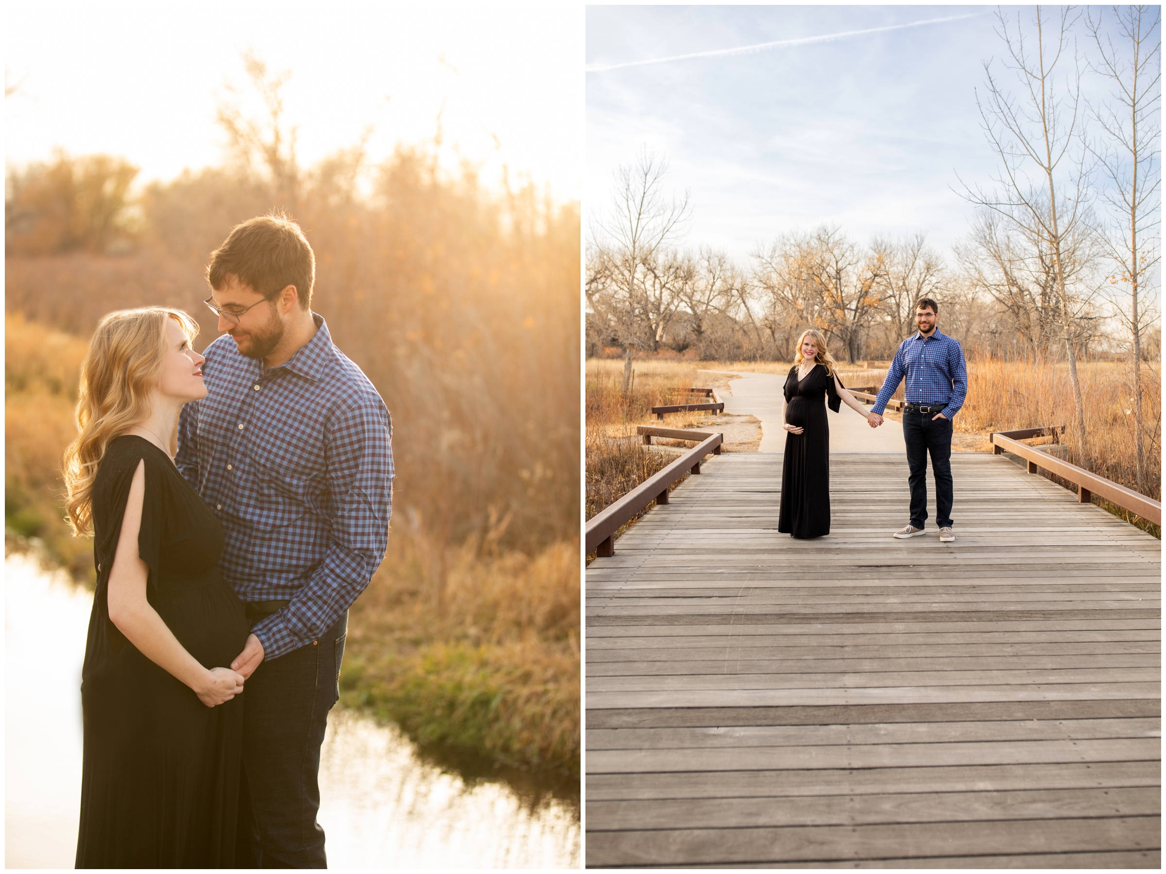 couple posing on wooden bridge during Colorado maternity pictures at Cherry Creek Trail 