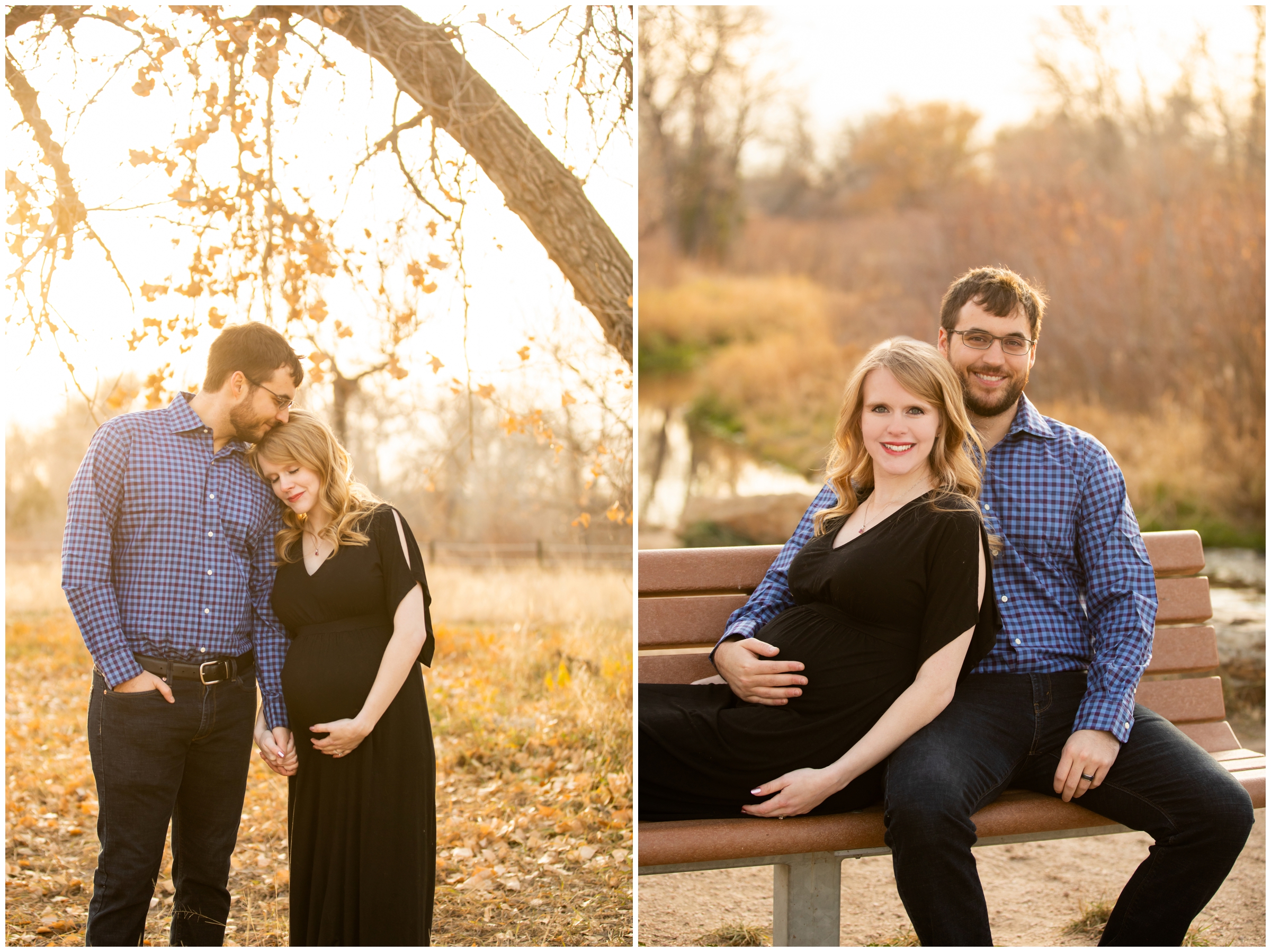 couple sitting on bench during Centennial CO pregnancy portrait session 