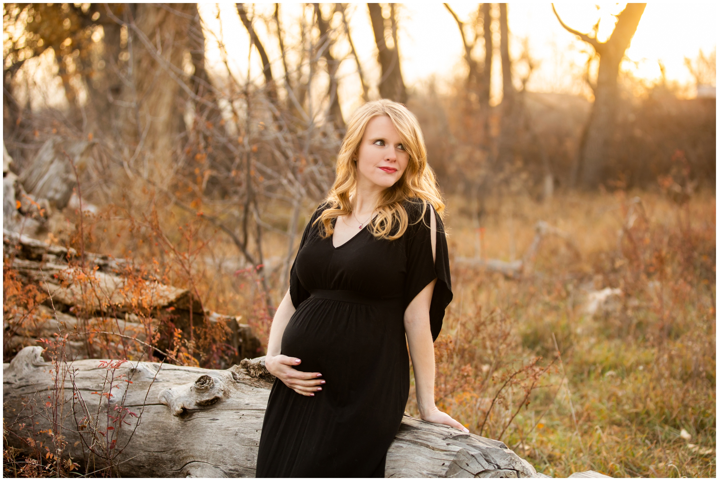 pregnant woman sitting on fallen tree during maternity photos at Cherry Creek Trail