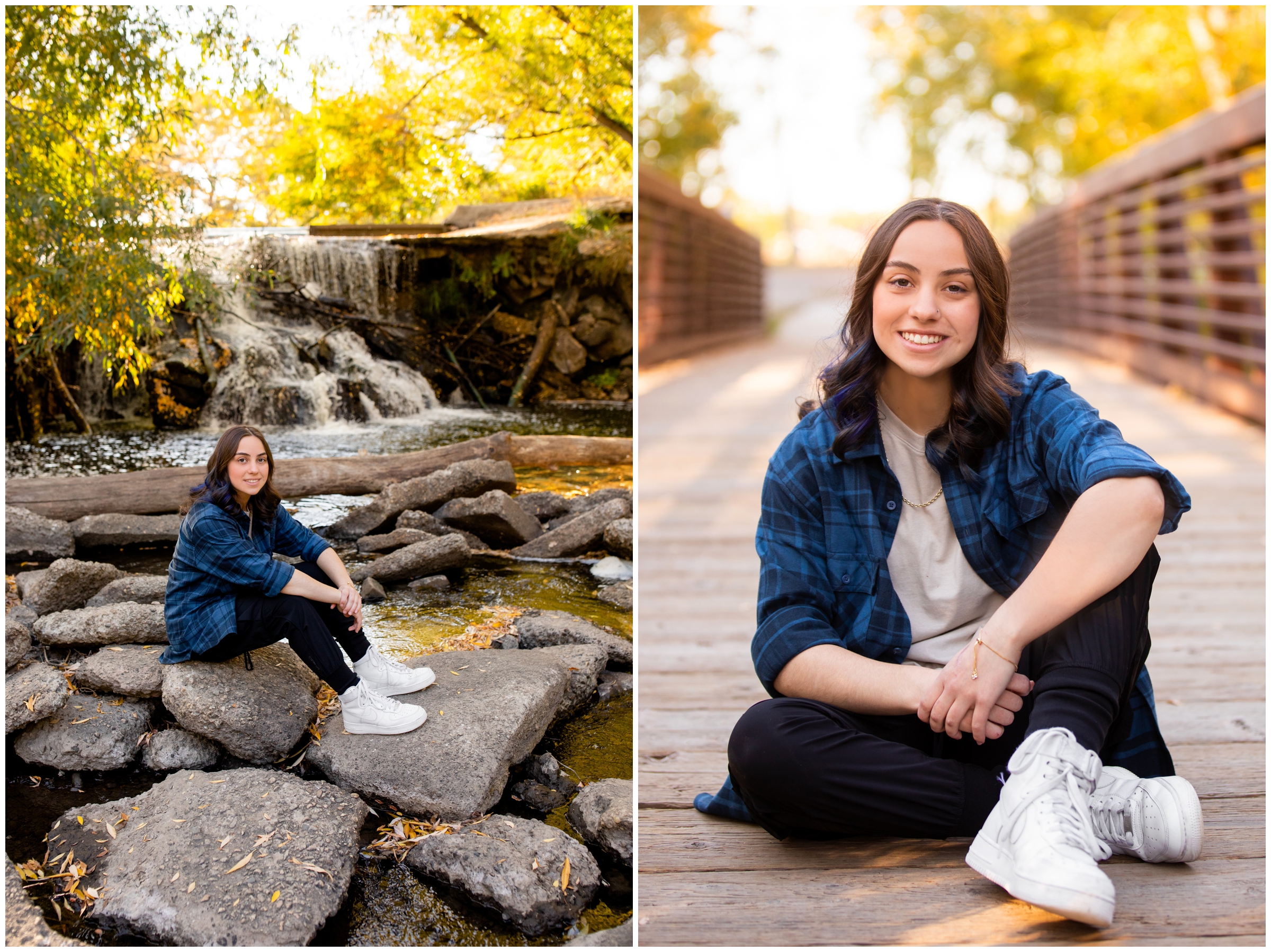 teen posing in front of waterfall for fall senior portraits in Longmont Colorado 