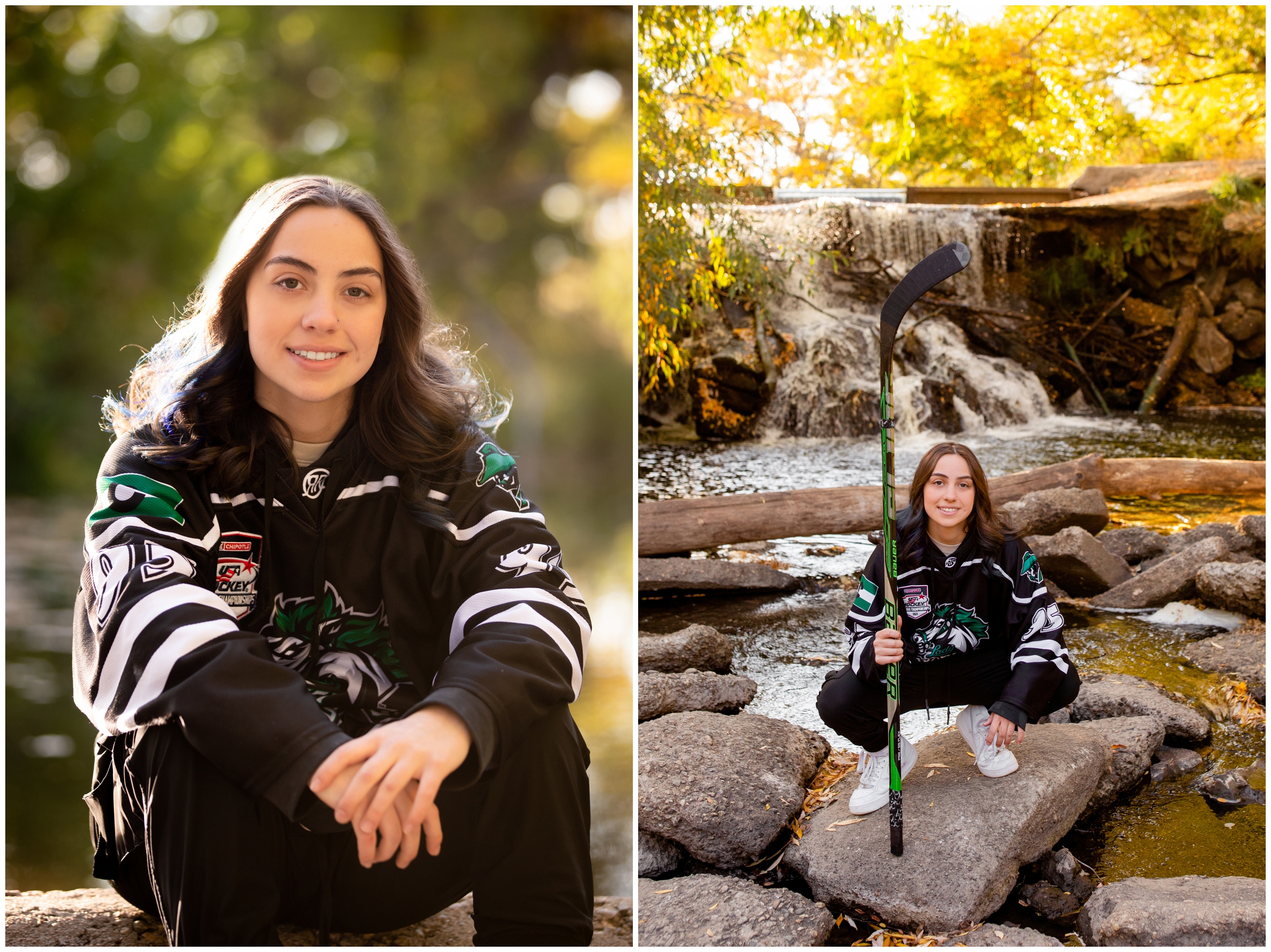 teen girl posing with hockey stick during Longmont Colorado fall senior pictures