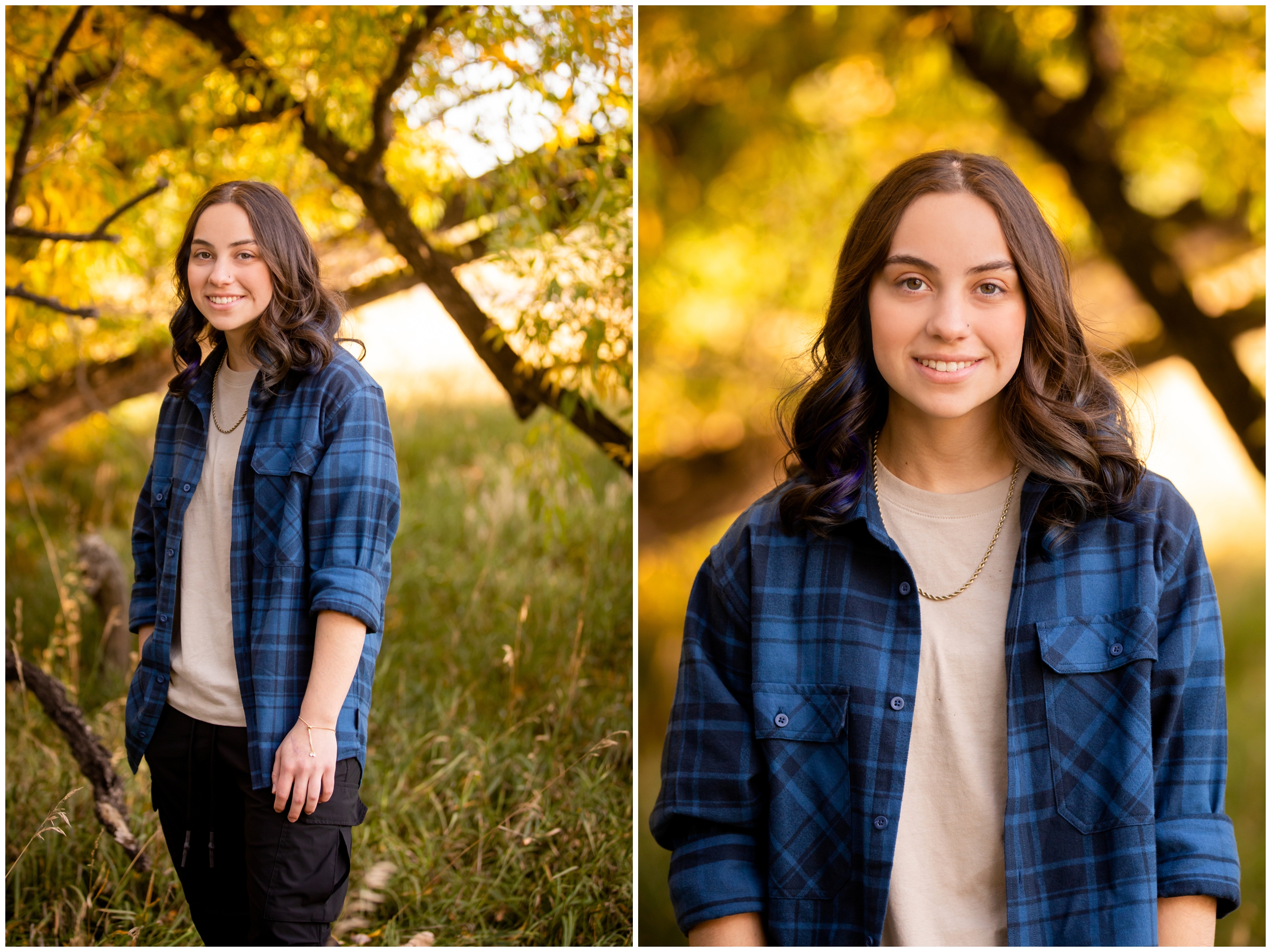 teen posing in front of colorful fall foliage during Longmont Colorado senior pictures at Golden Ponds