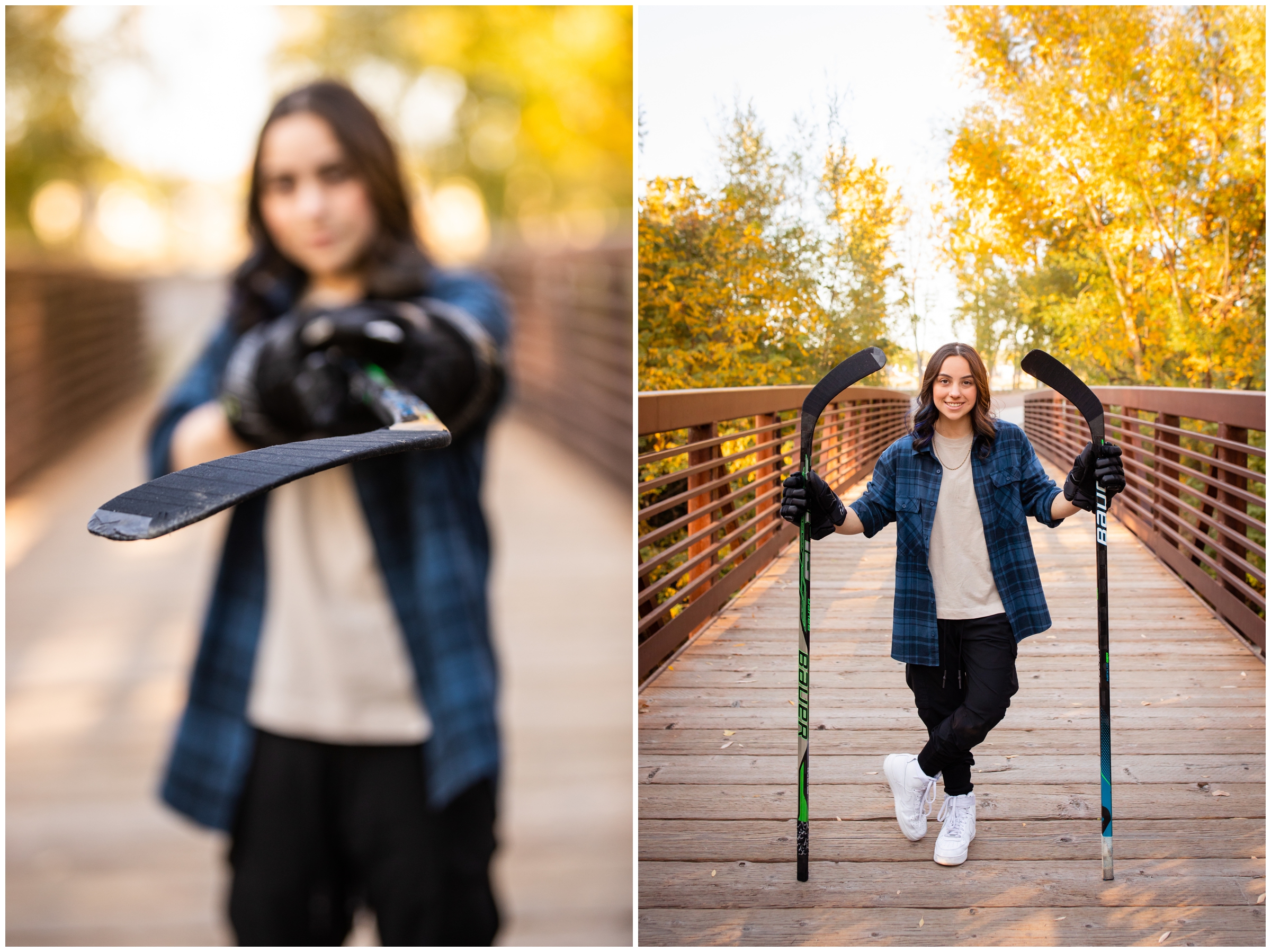teen posing on a bridge with hockey sticks during unique hockey senior pictures in Longmont Colorado 