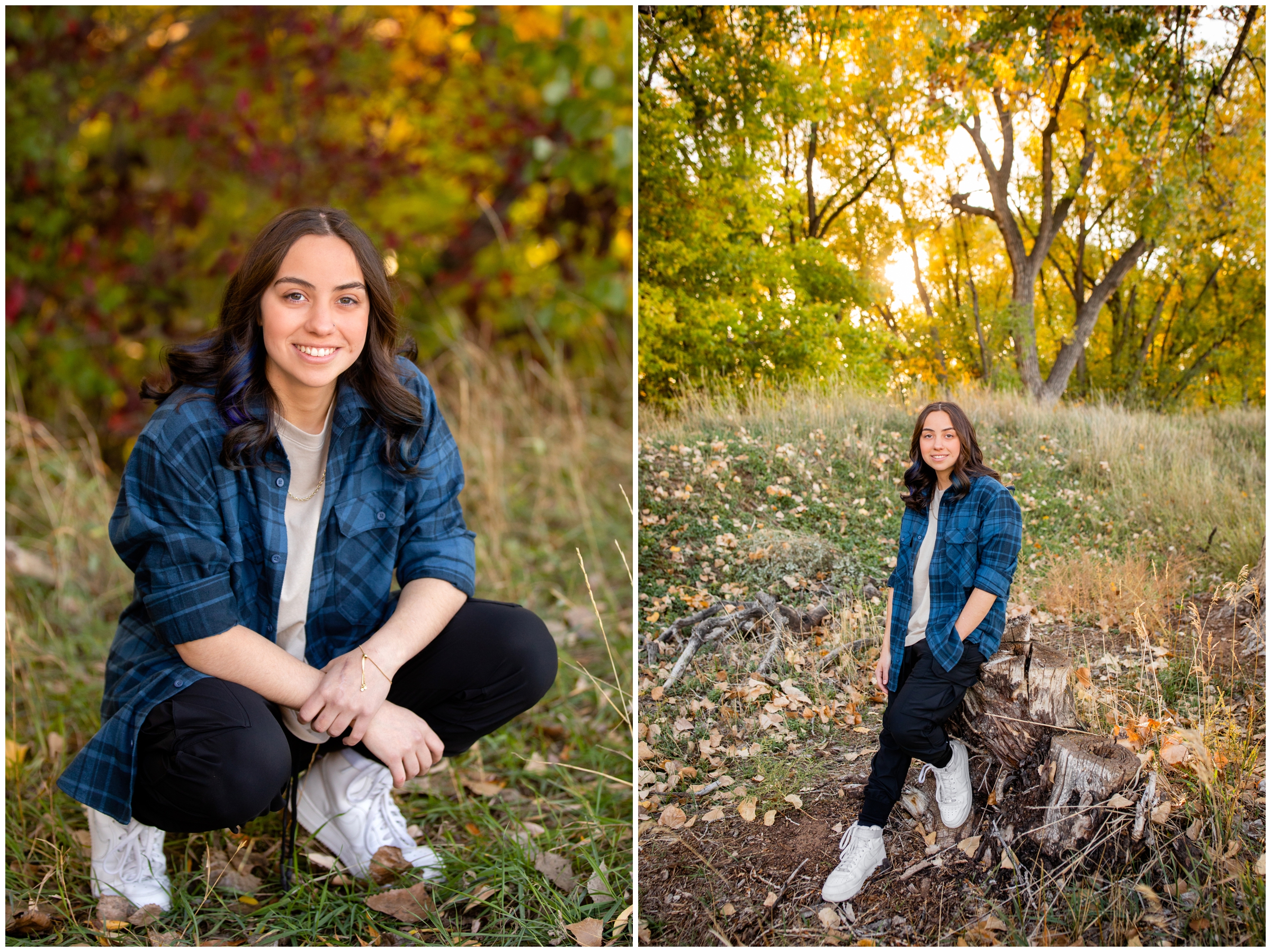 teen girl leaning against tree trunk during Mead High School senior pictures in Longmont Colorado 