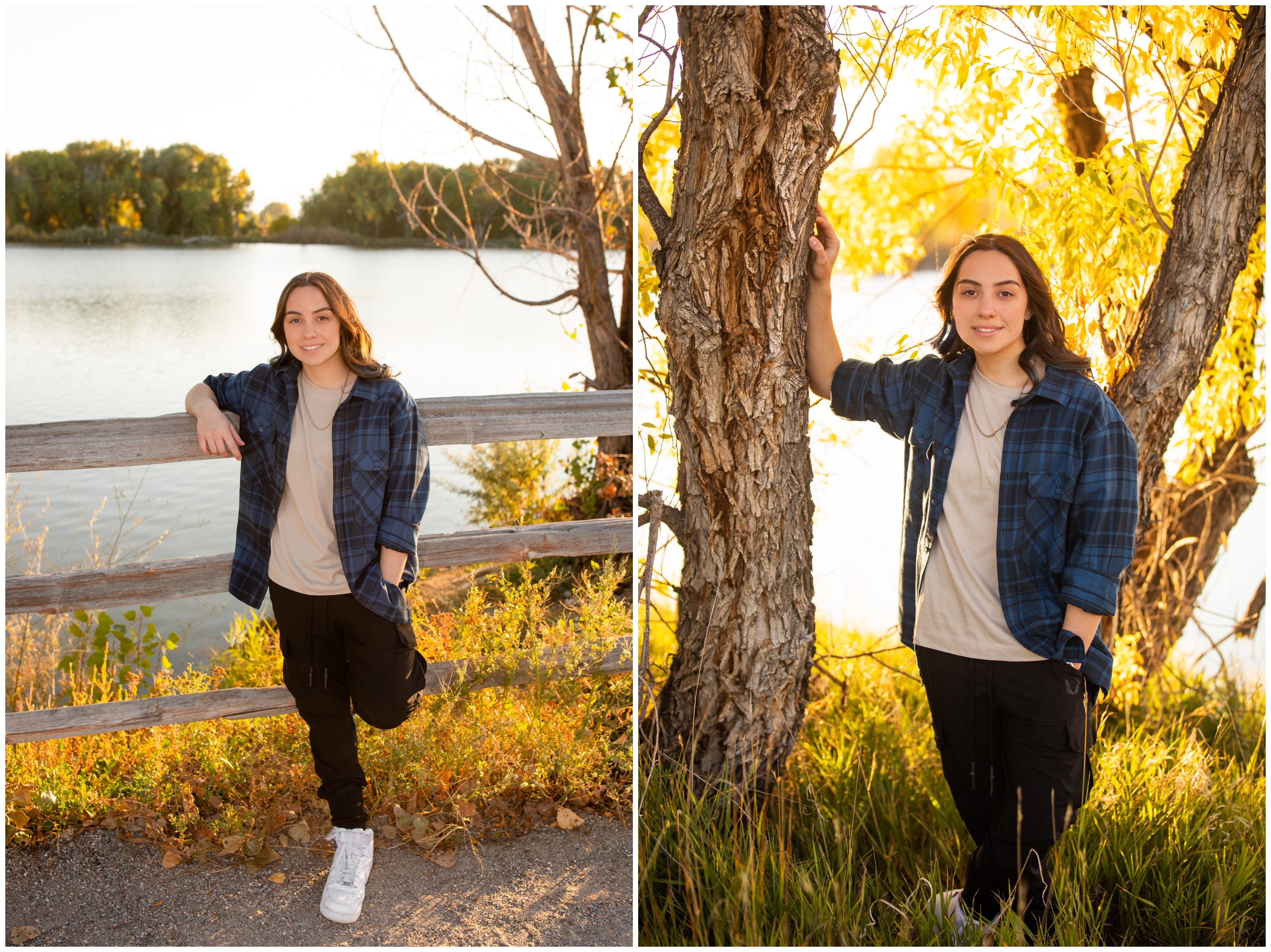 teen leaning against wooden fence during fall senior portraits in Northern Colorado 