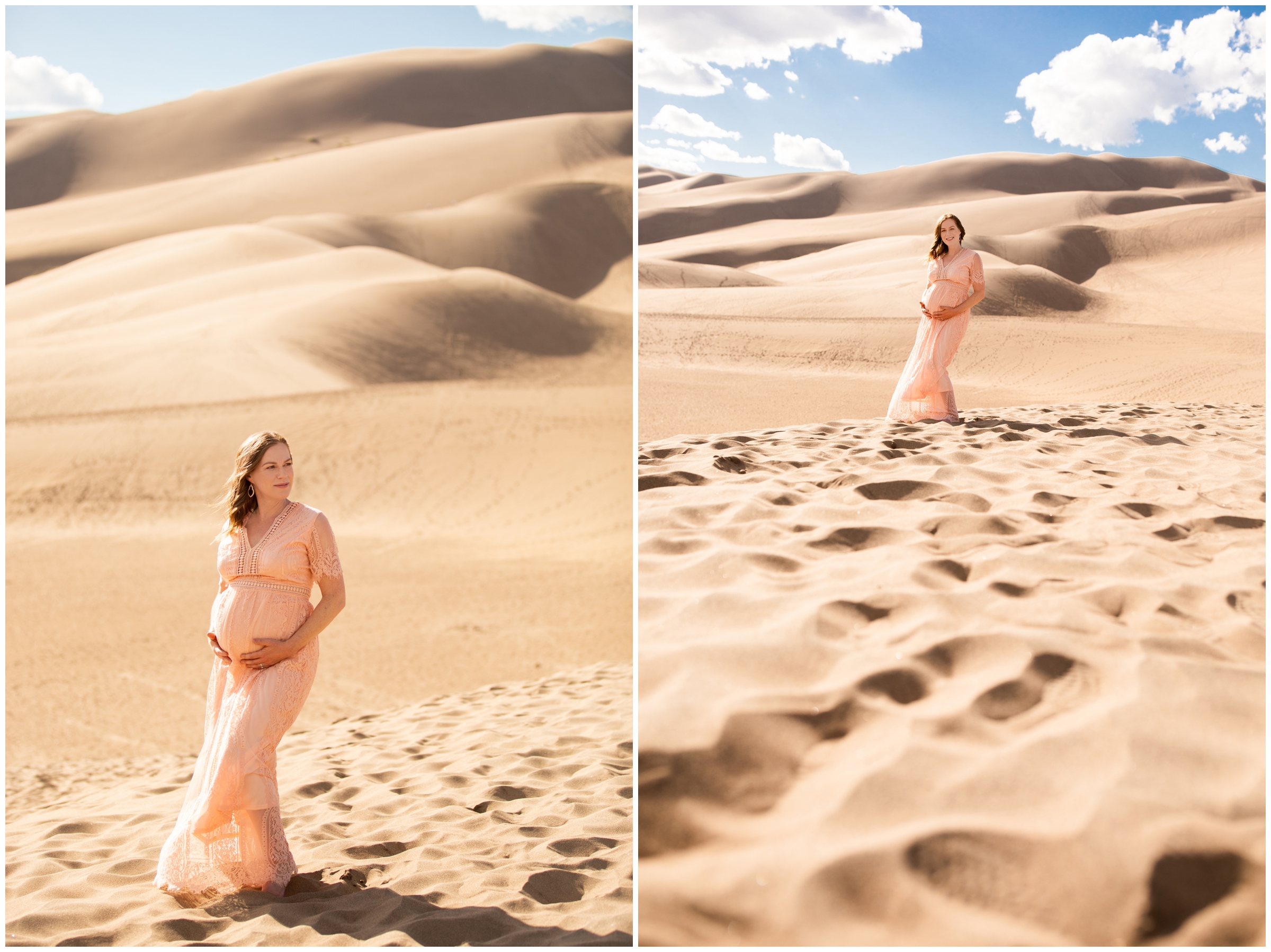 pregnant woman posing at the sand dunes during Colorado maternity photography session 