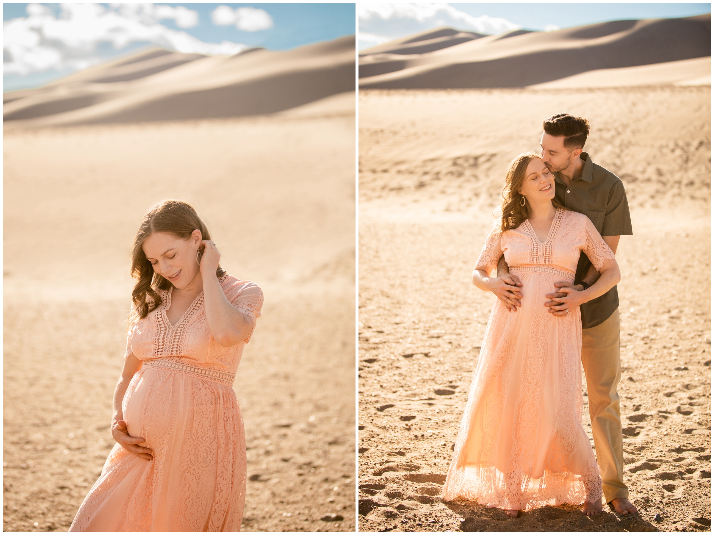 woman and husband embracing during unique Colorado maternity photo shoot at the Great Sand Dunes 