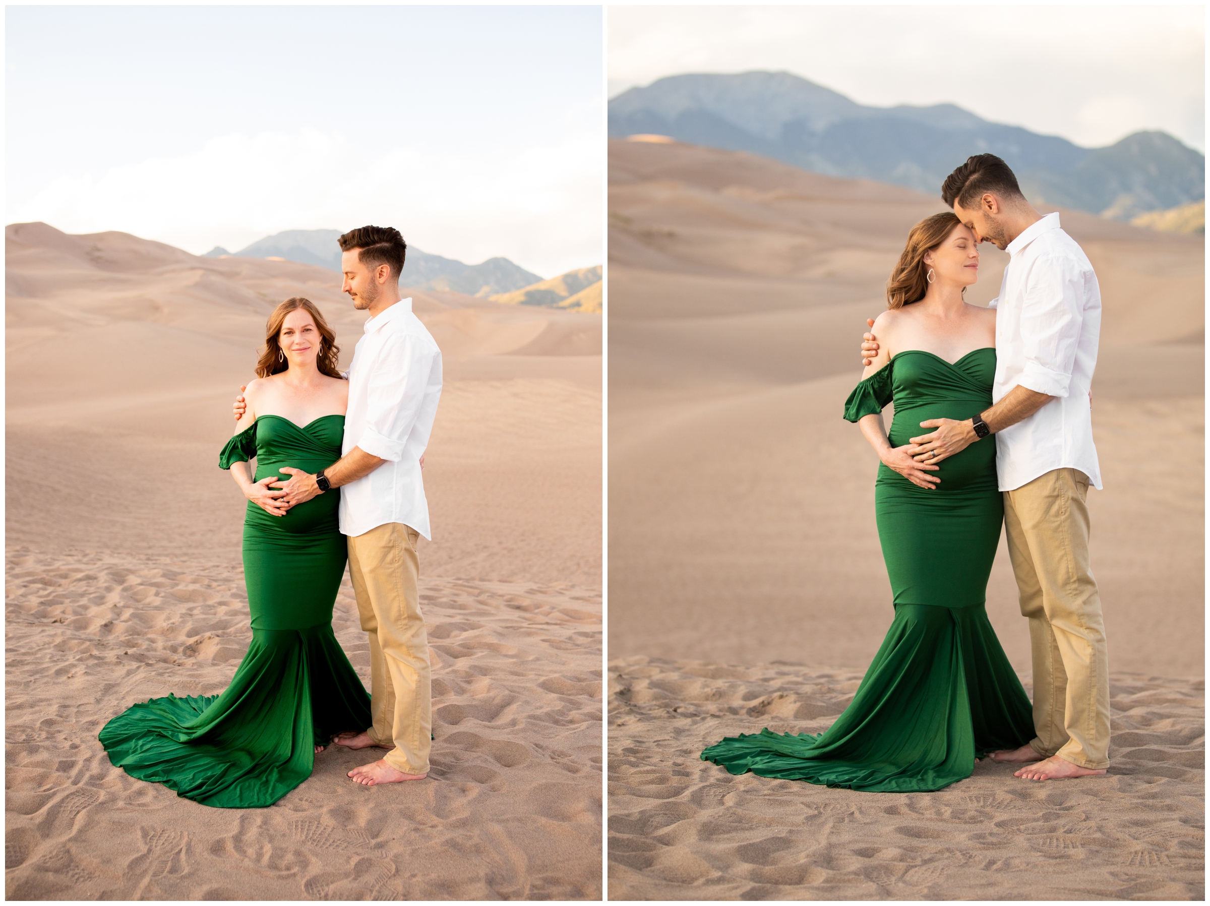 couple embracing with mountains in background during Colorado maternity pictures at the Great Sand Dunes